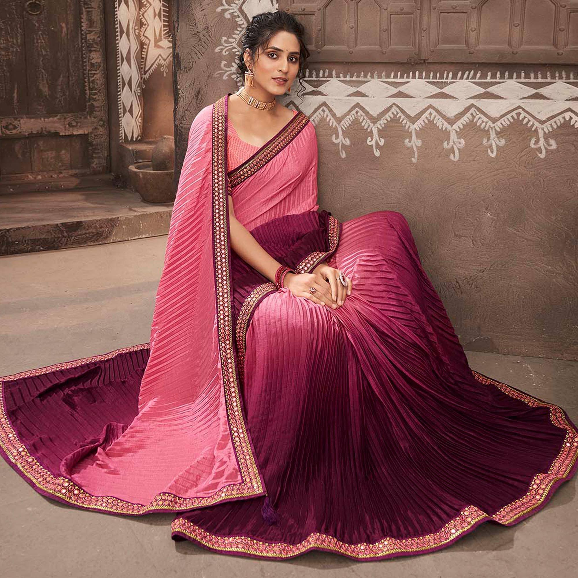 Pink-Purple Partywear Crushed Chiffon Saree with Fancy Lace - Peachmode