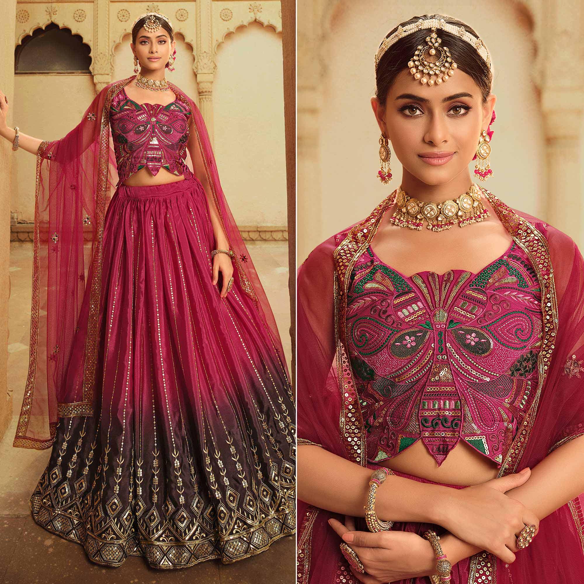Pink-Purple Sequence Embroidered Art Silk Lehenga Choli - Peachmode