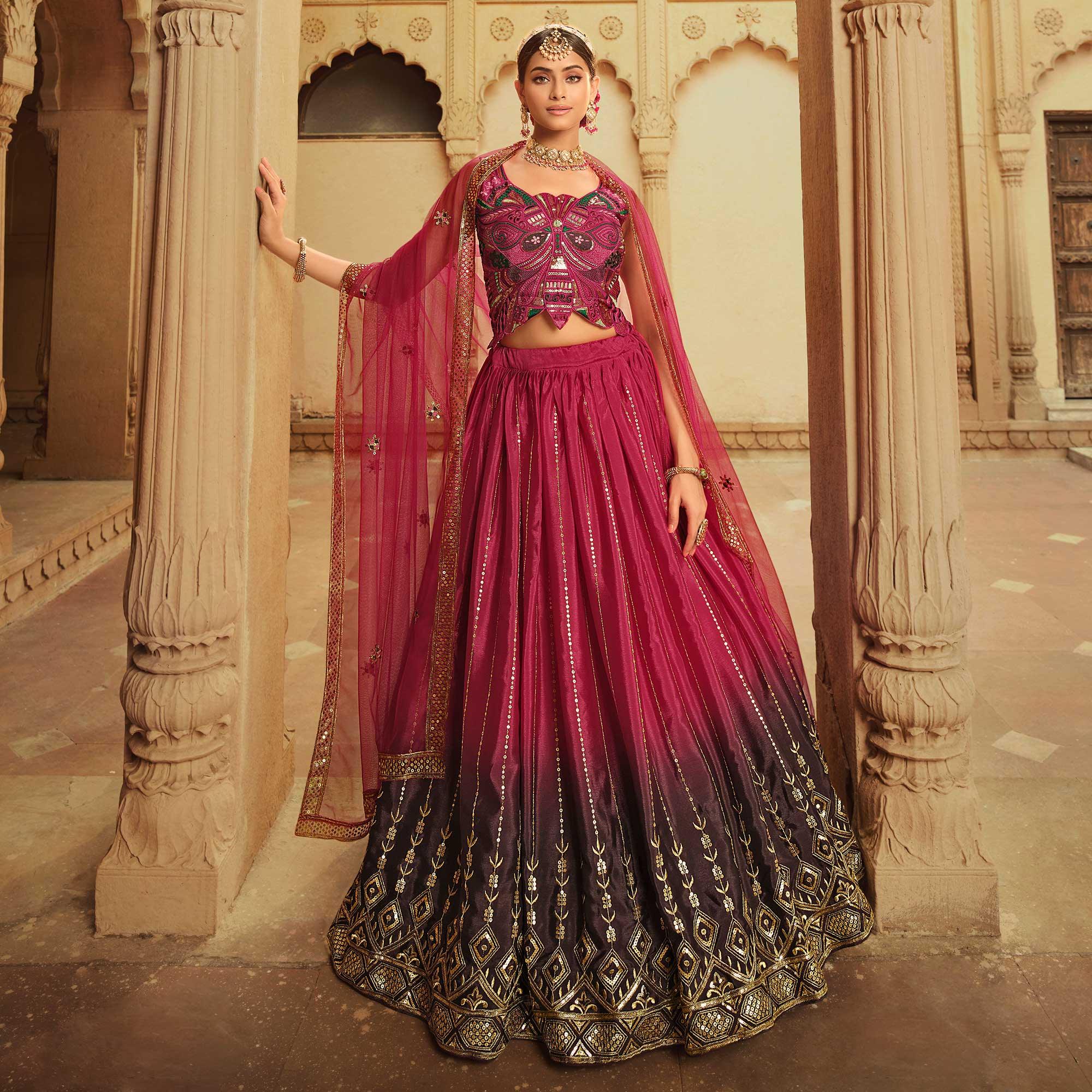 Pink-Purple Sequence Embroidered Art Silk Lehenga Choli - Peachmode