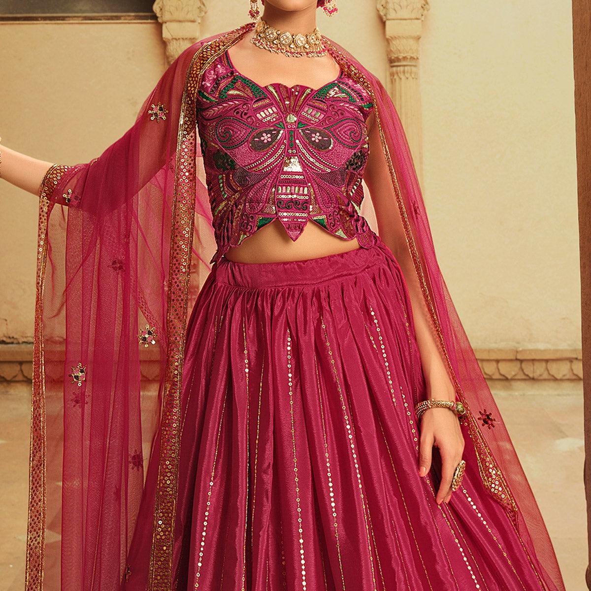 Pink-Purple Sequence Embroidered Art Silk Lehenga Choli - Peachmode