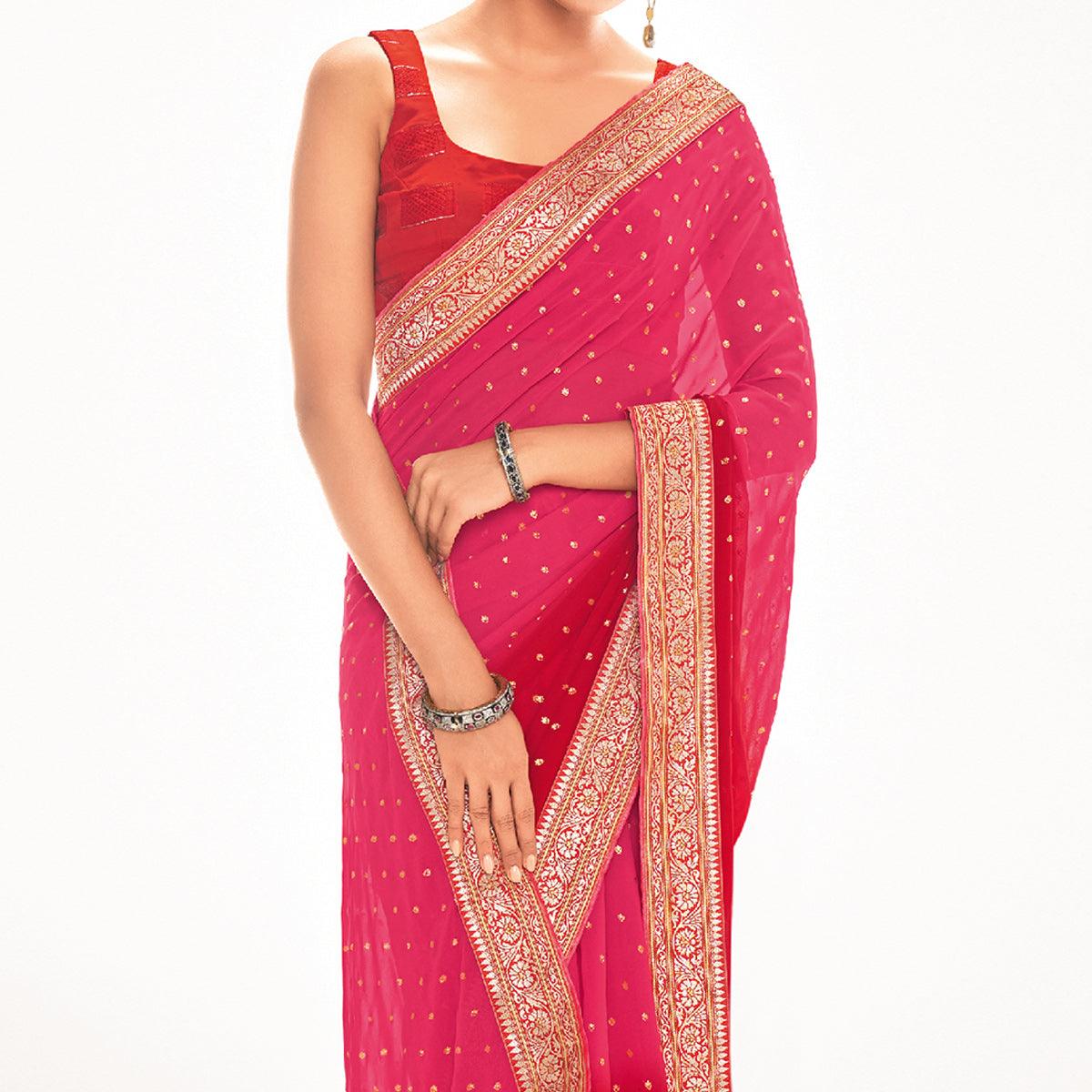 Pink-Red Woven Georgette Saree - Peachmode