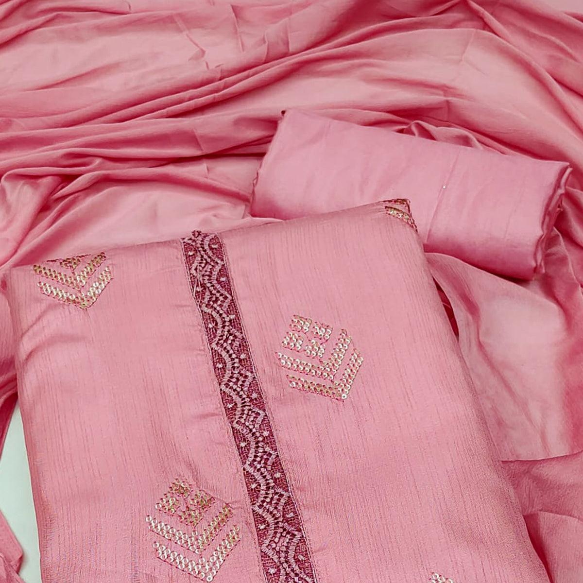 Pink Sequence Embroidered Art Silk Dress Material - Peachmode