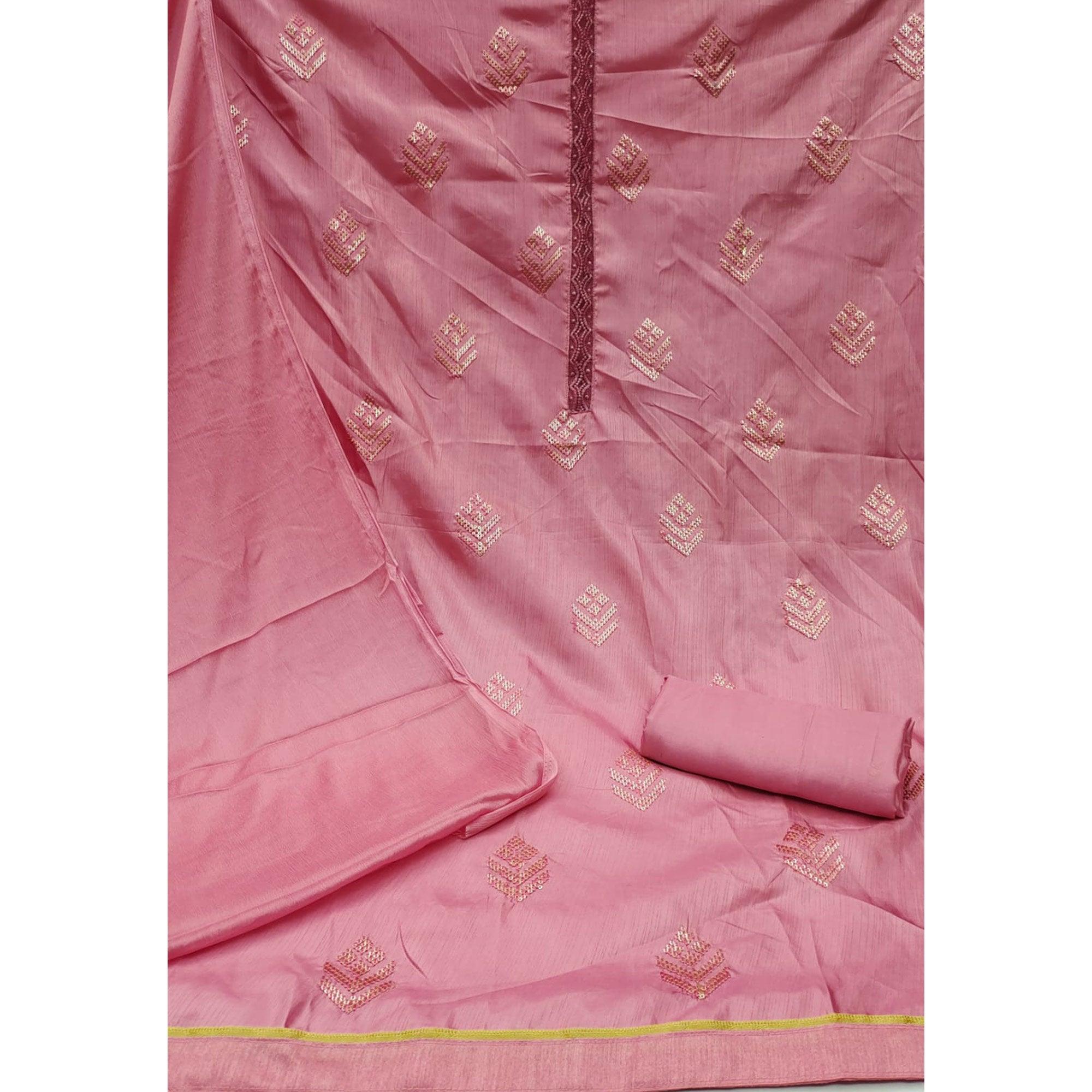 Pink Sequence Embroidered Art Silk Dress Material - Peachmode