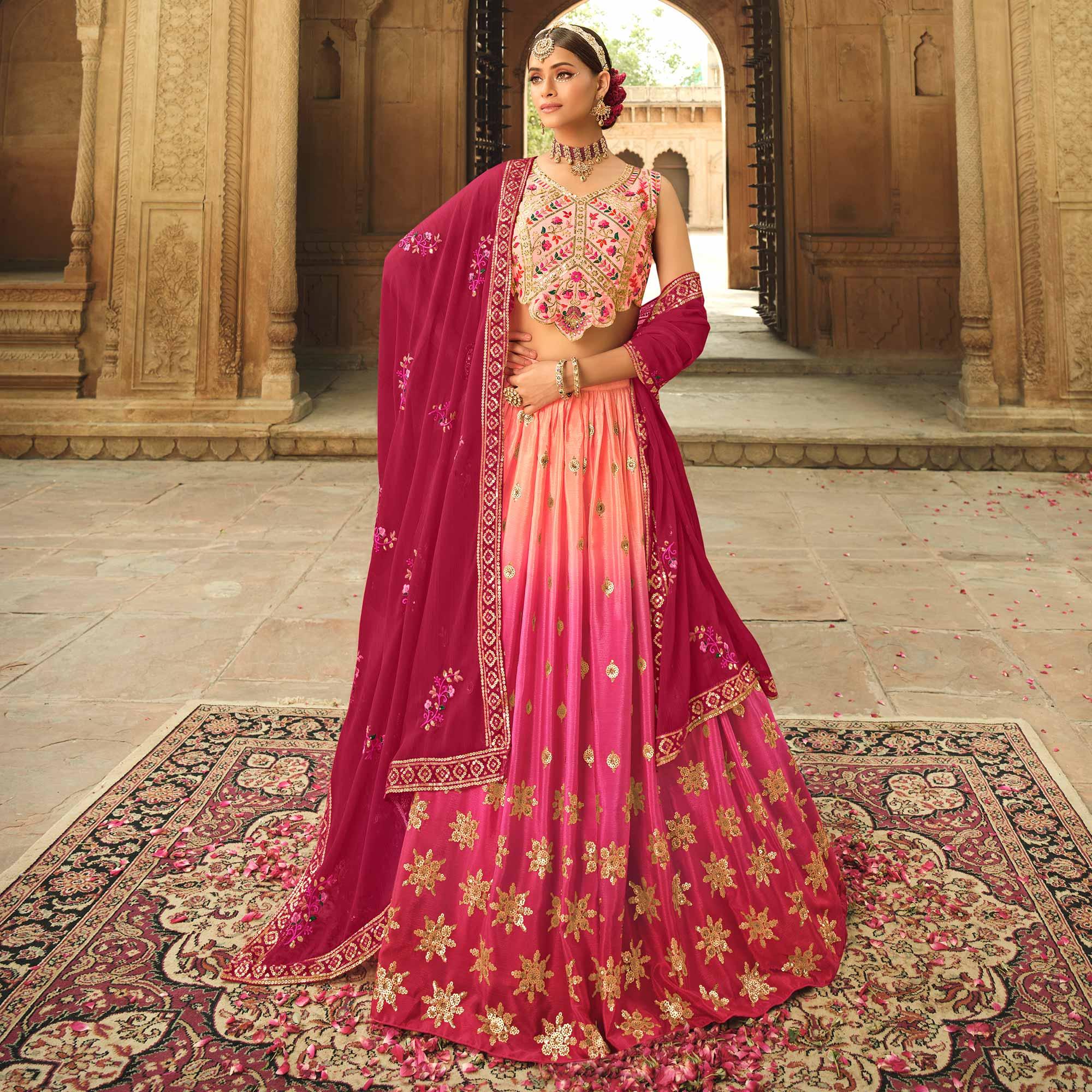 Pink Sequence Embroidered Art Silk Lehenga Choli - Peachmode