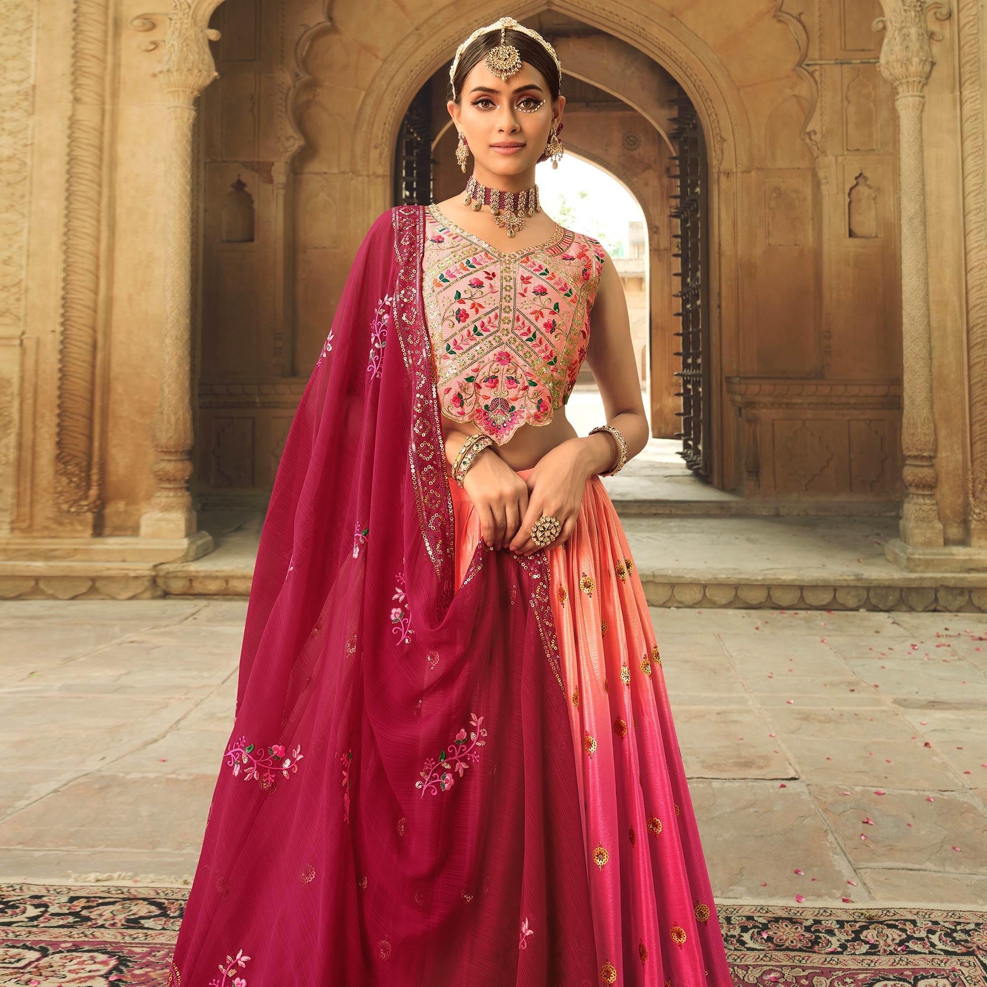 Pink Sequence Embroidered Art Silk Lehenga Choli - Peachmode