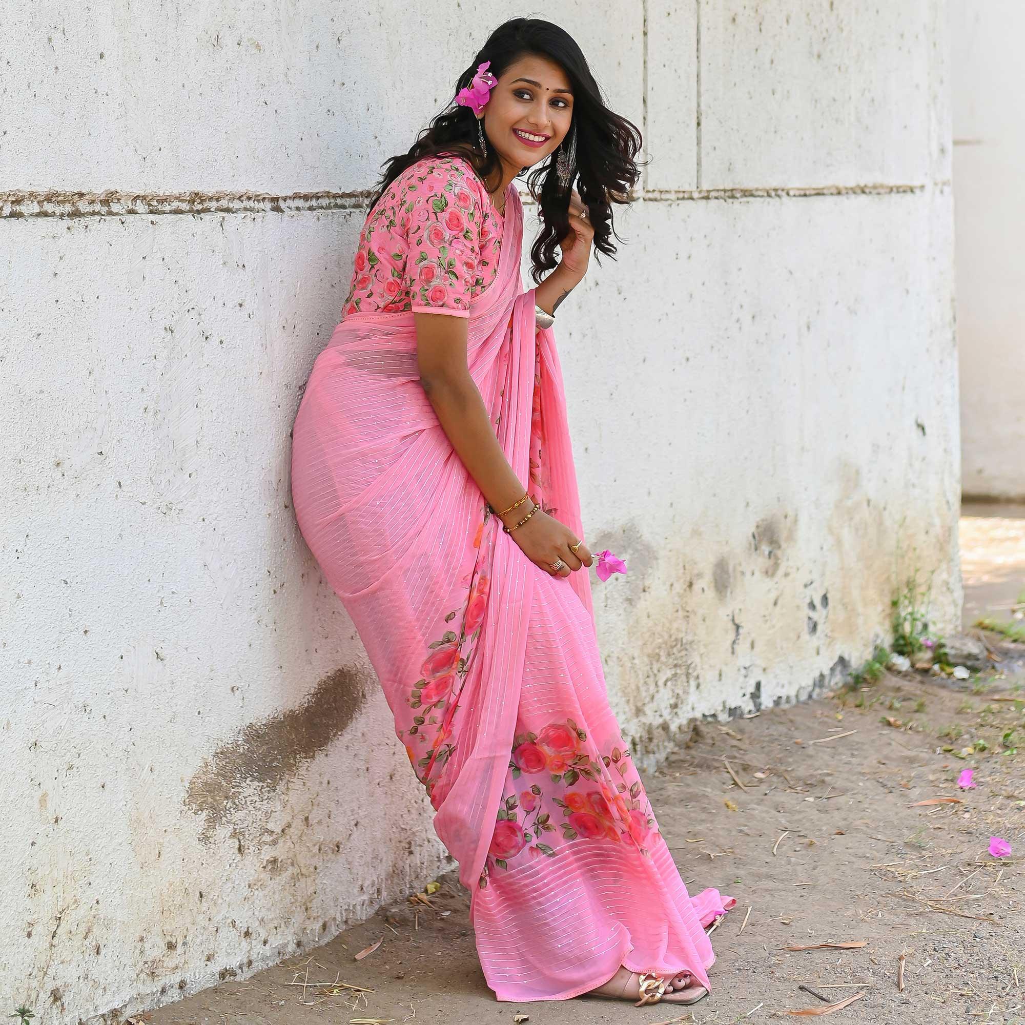 Pink Sequence Embroidered Art Silk Saree - Peachmode