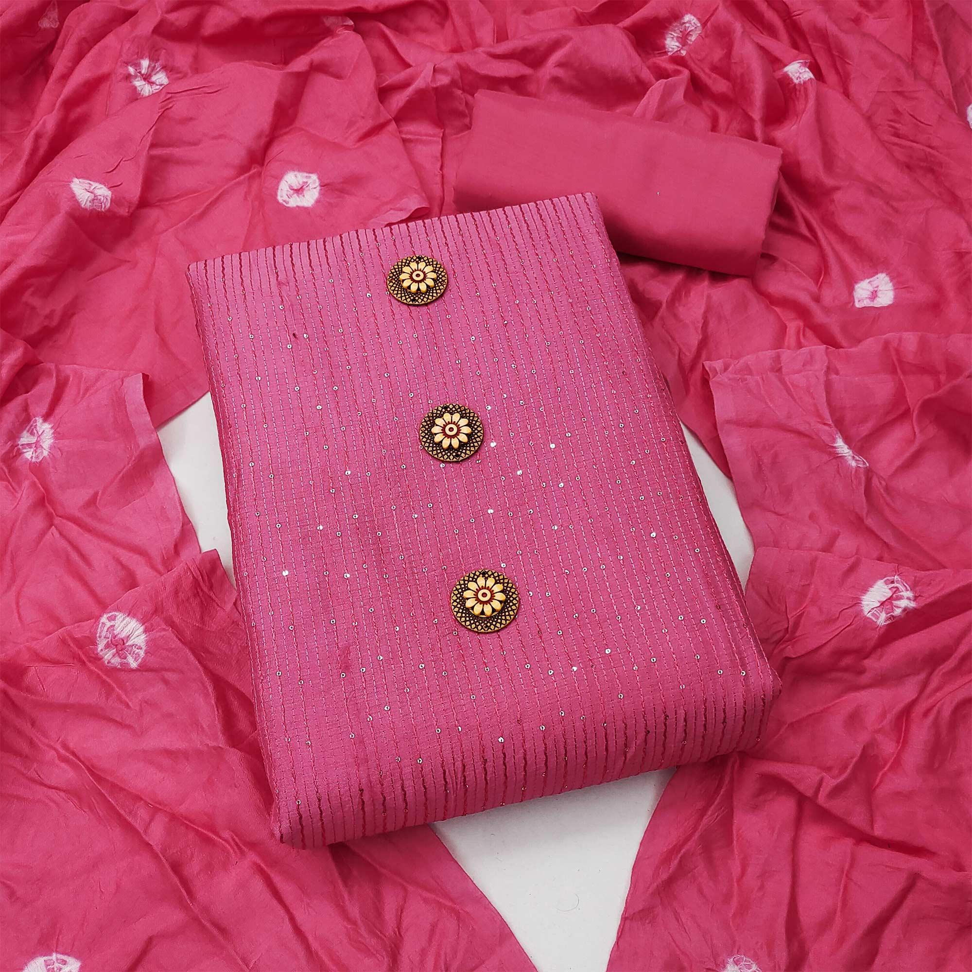 Pink Sequence Embroidered Chanderi Dress Material - Peachmode