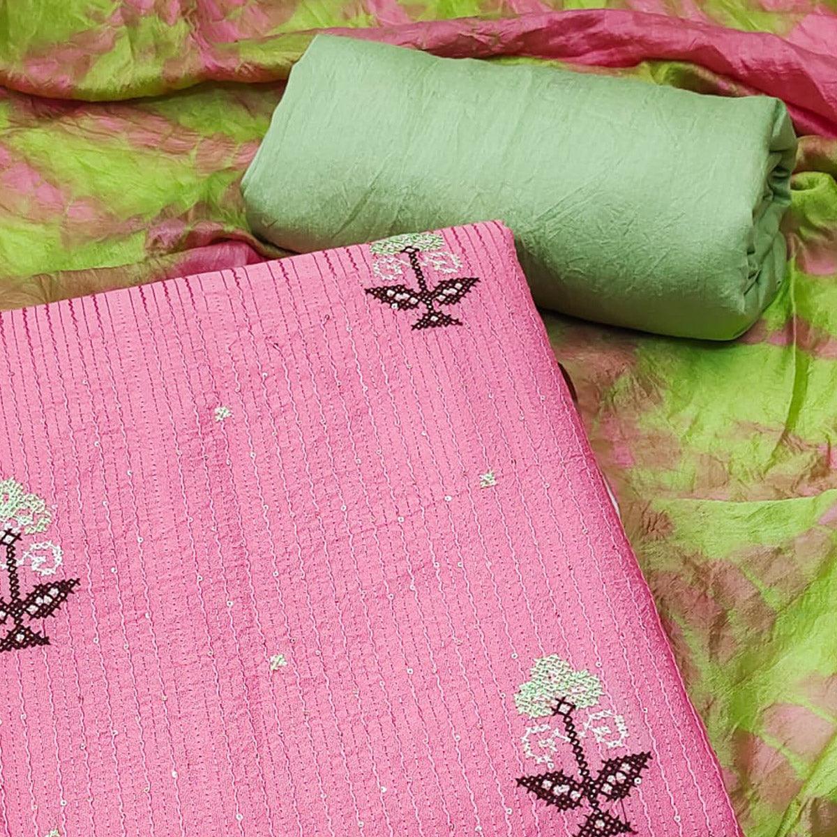 Pink Sequence Embroidered Chanderi Dress Material - Peachmode