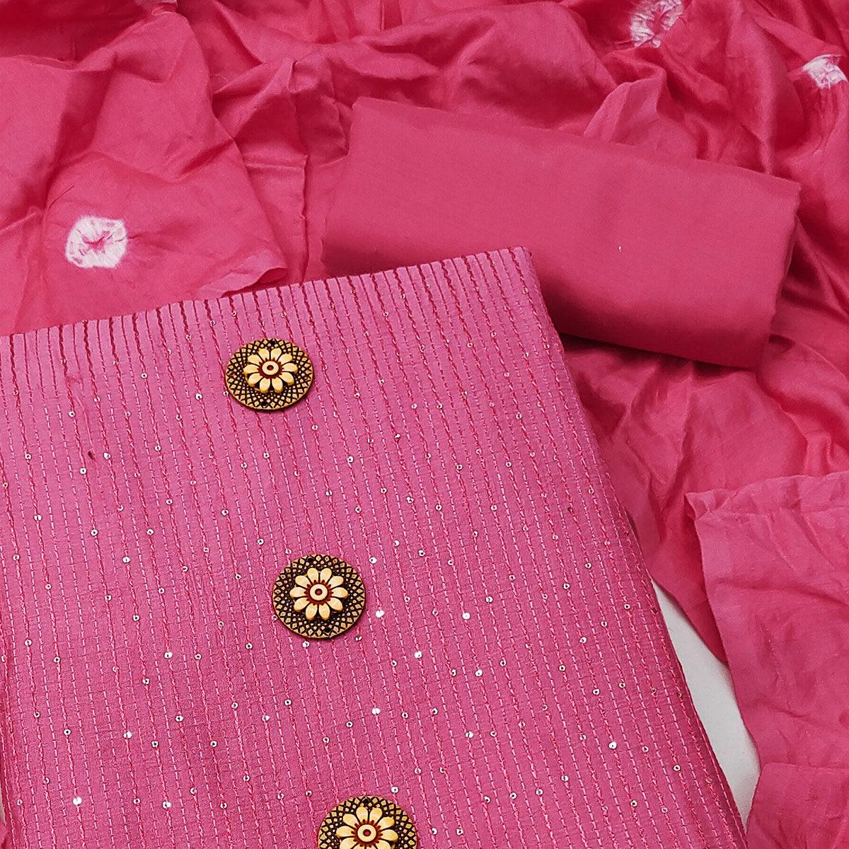 Pink Sequence Embroidered Chanderi Dress Material - Peachmode