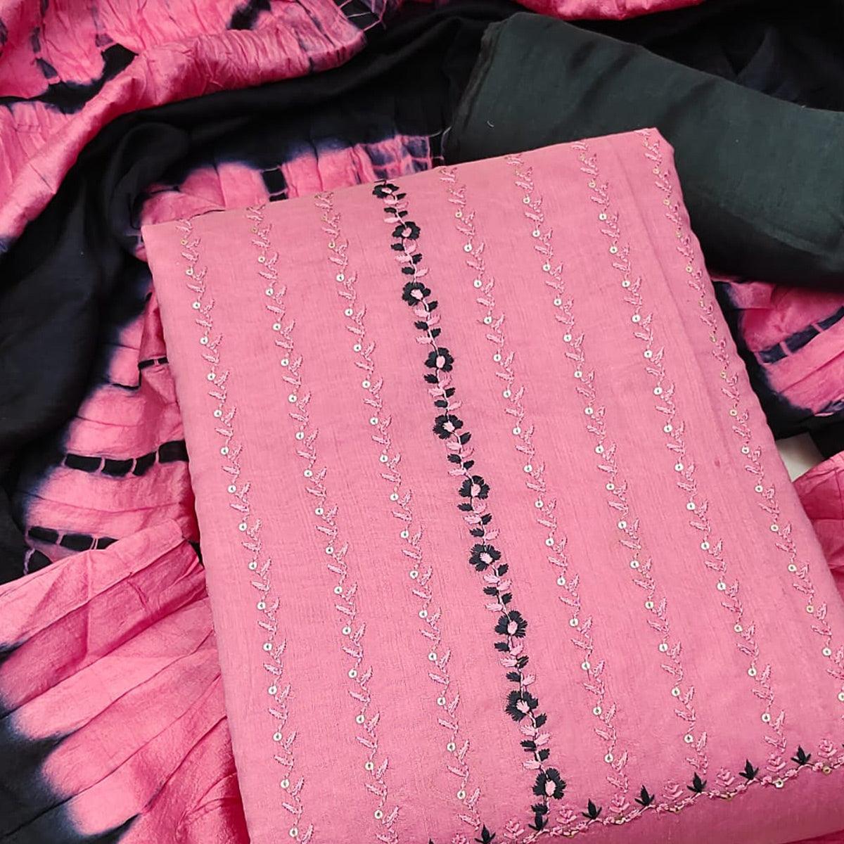 Pink Sequence Embroidered Chanderi Dress Material - Peachmode