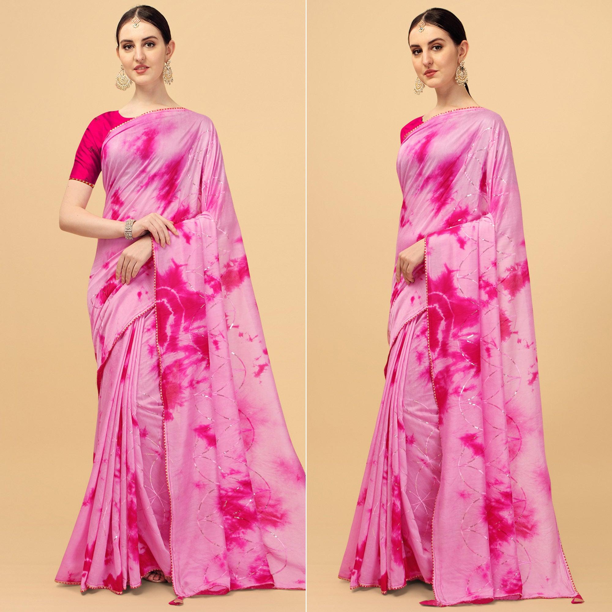 Pink Sequence Embroidered Chanderi Saree - Peachmode