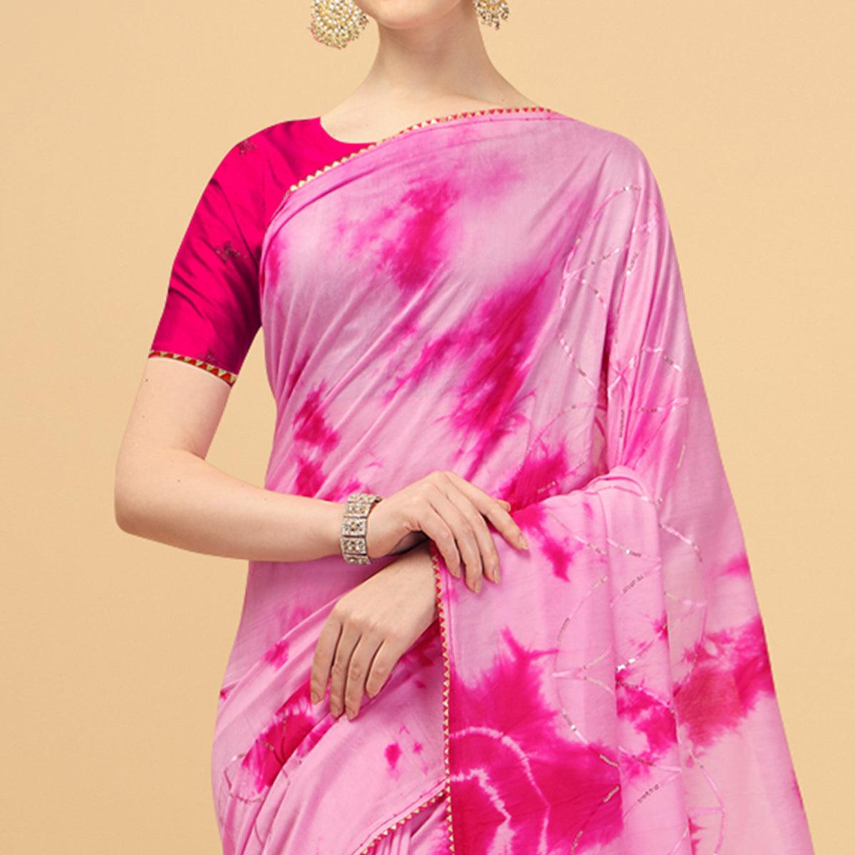Pink Sequence Embroidered Chanderi Saree - Peachmode