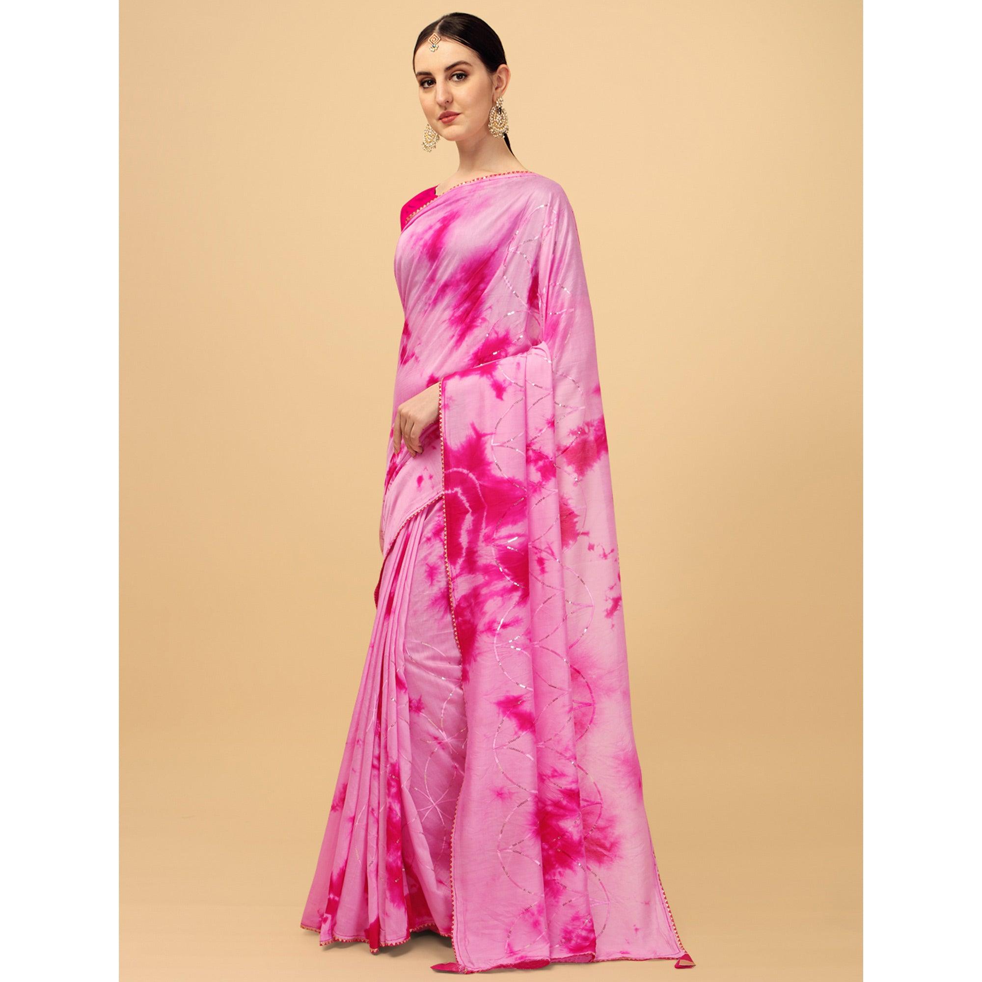 Pink Sequence Embroidered Chanderi Saree - Peachmode