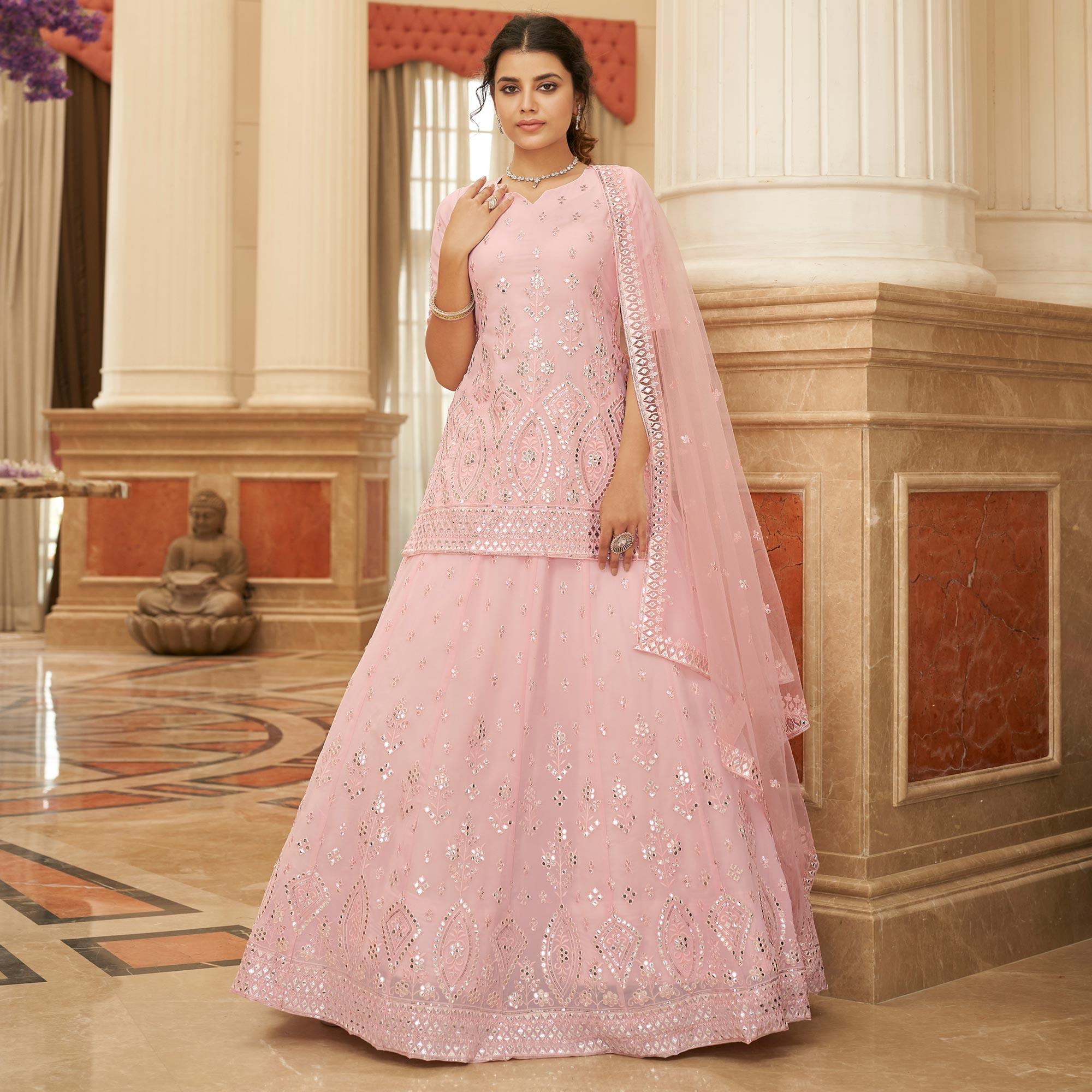 Pink Sequence Embroidered Chiffon Lehenga Choli - Peachmode