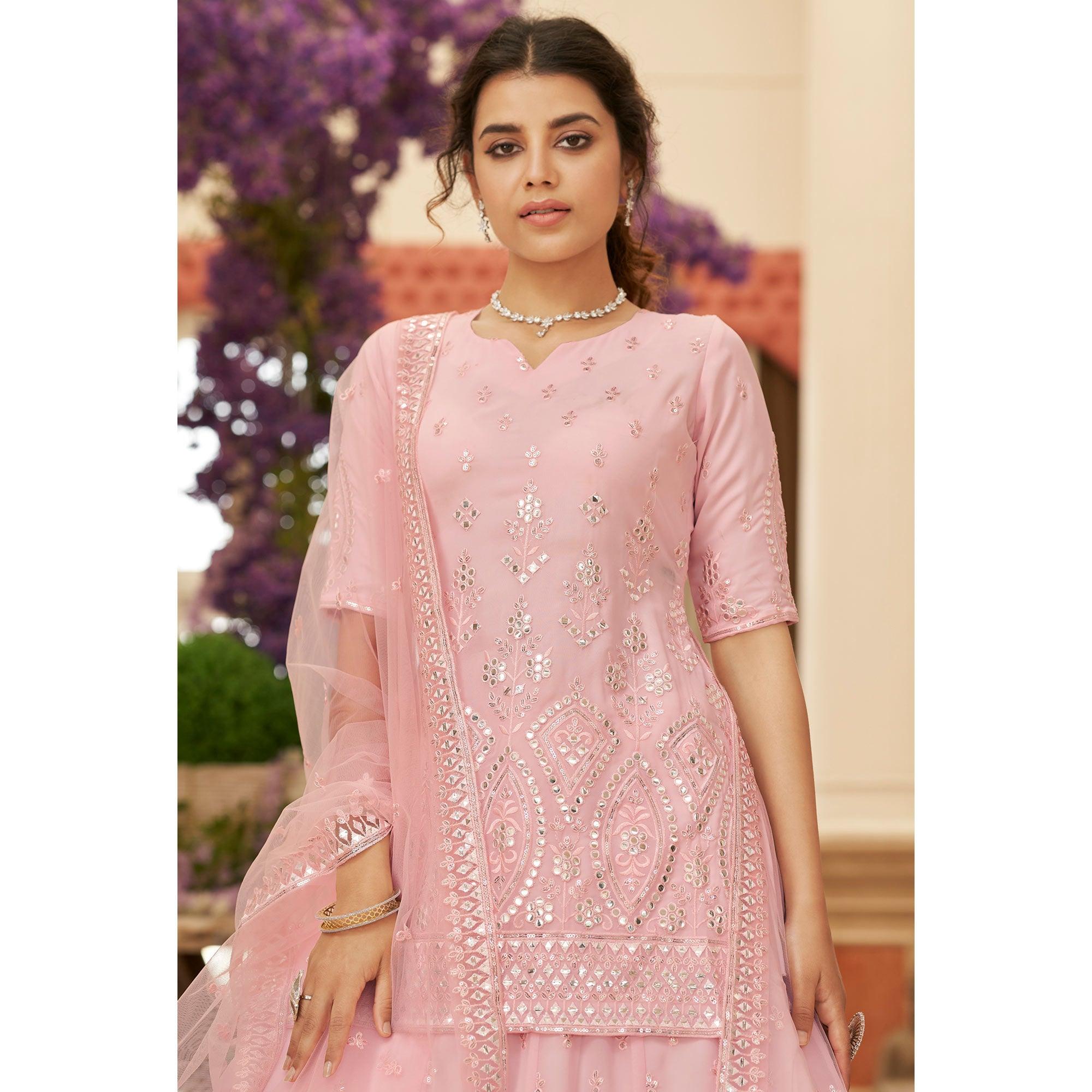Pink Sequence Embroidered Chiffon Lehenga Choli - Peachmode