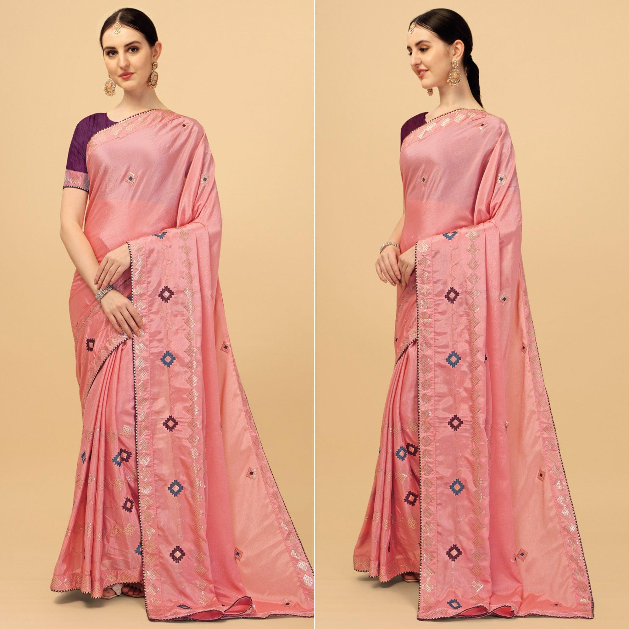 Pink Sequence Embroidered Chiffon Saree - Peachmode