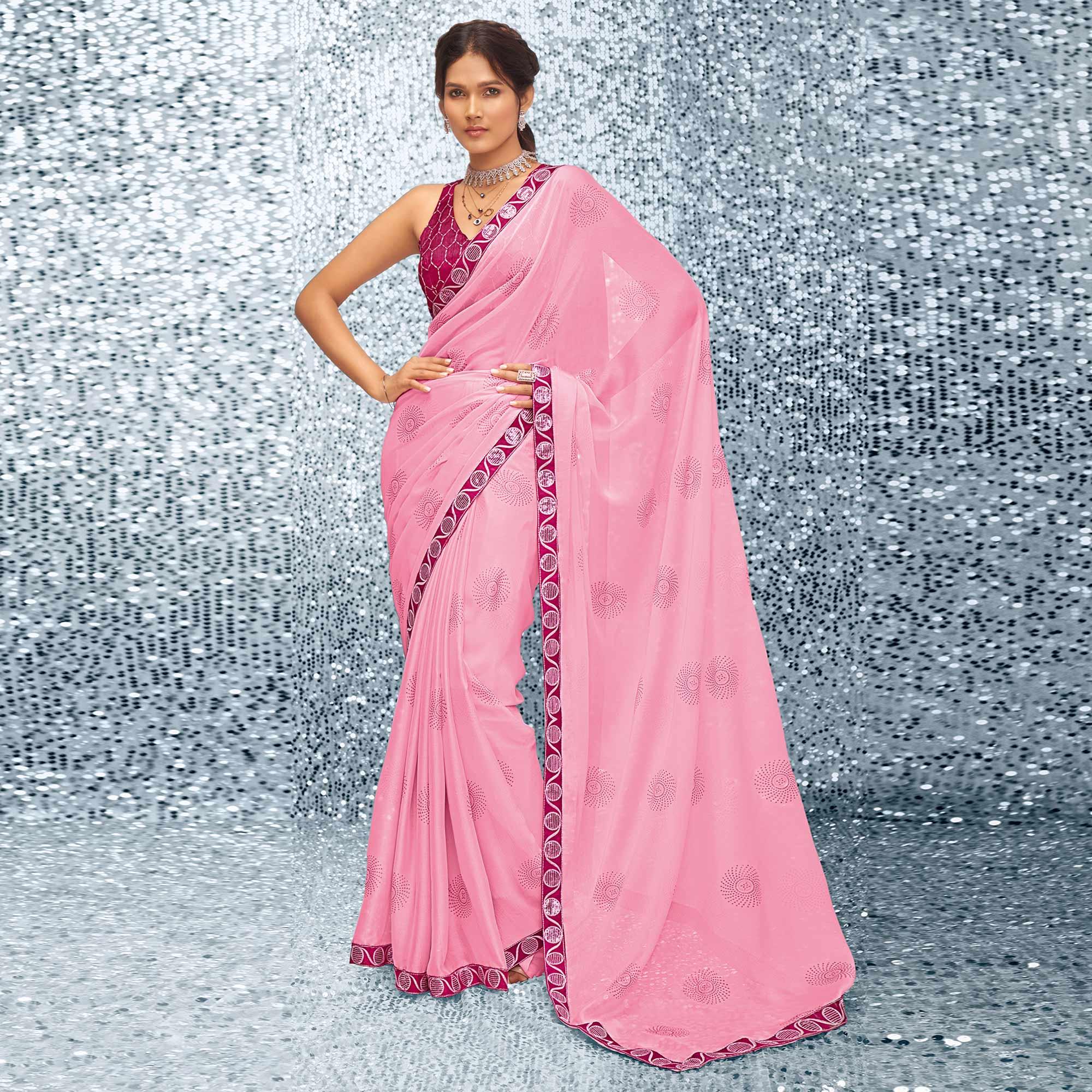 Pink Sequence Embroidered Chiffon Saree - Peachmode