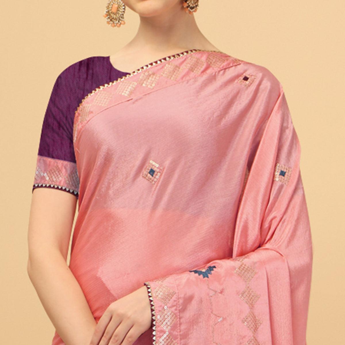 Pink Sequence Embroidered Chiffon Saree - Peachmode