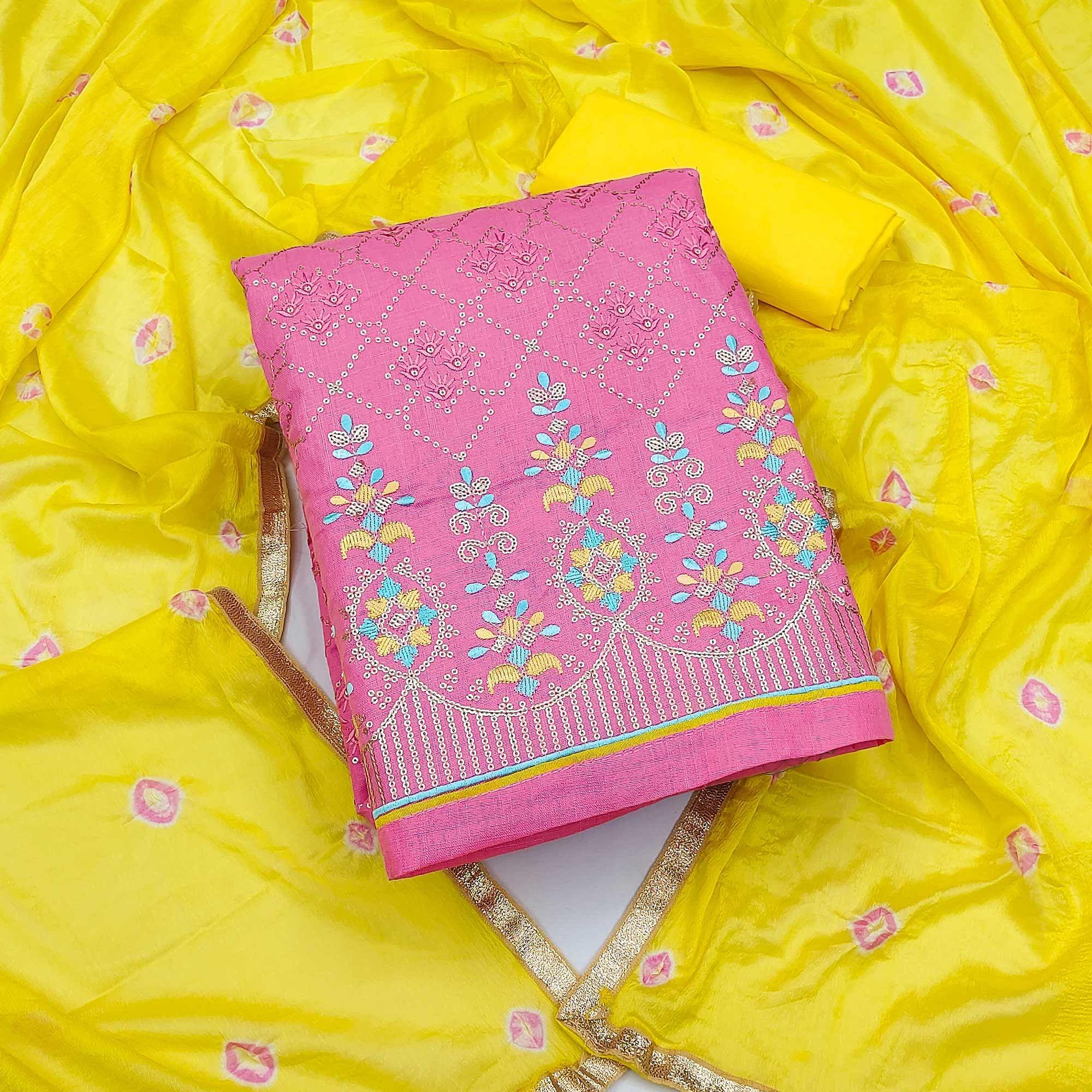 Pink Sequence Embroidered Cotton Dress Material - Peachmode