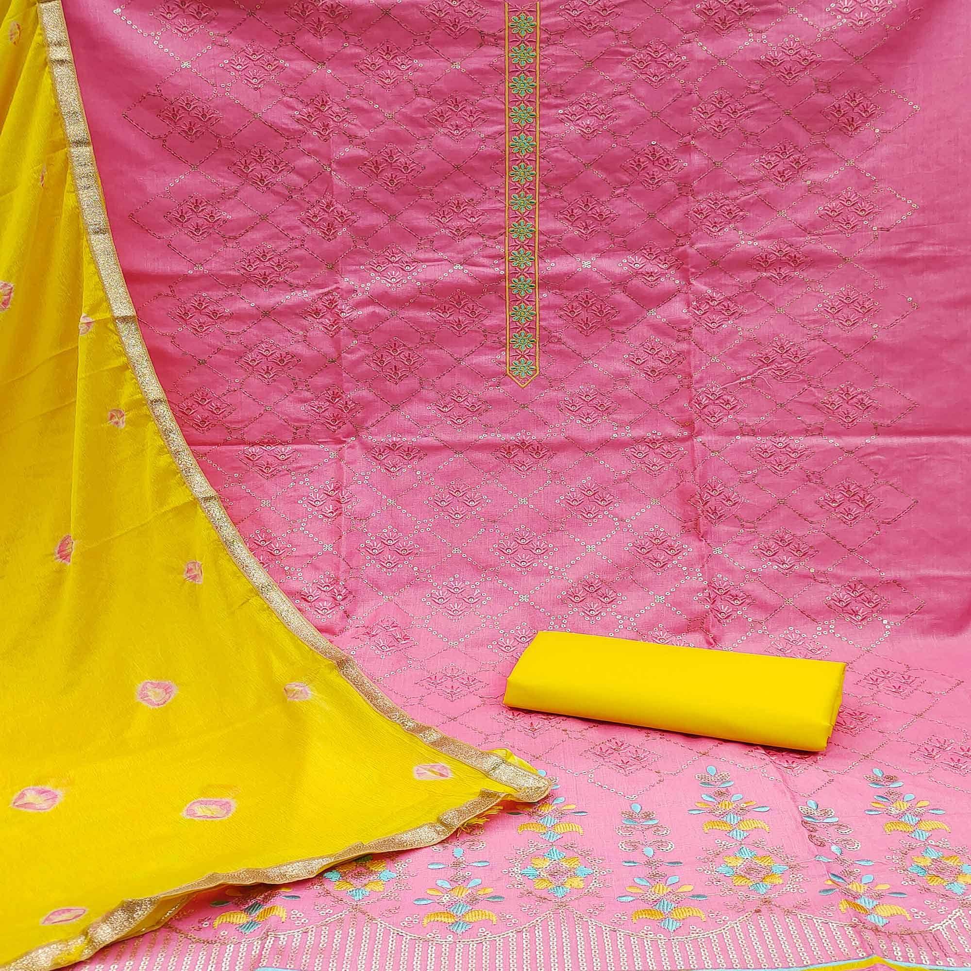 Pink Sequence Embroidered Cotton Dress Material - Peachmode