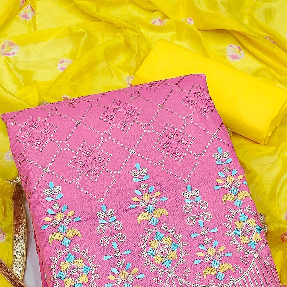 Pink Sequence Embroidered Cotton Dress Material - Peachmode