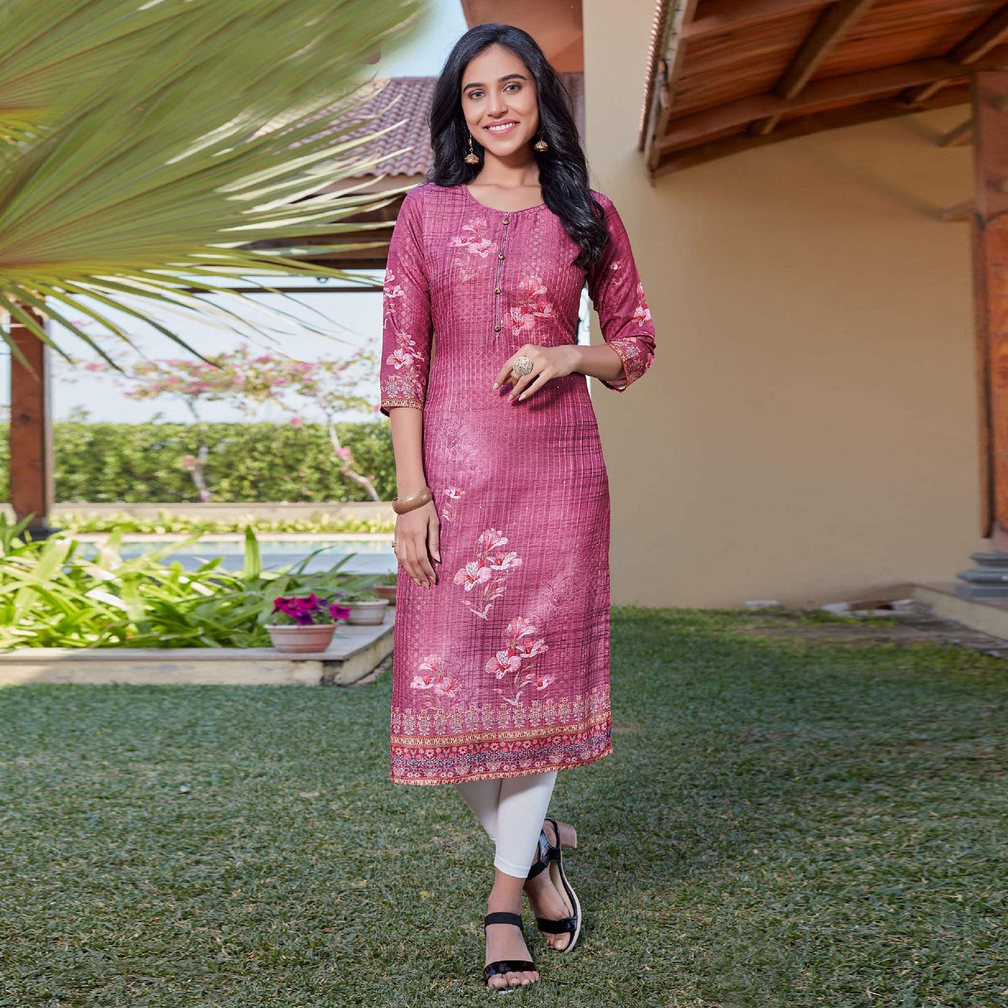 Pink Sequence Embroidered Cotton Silk Kurti - Peachmode