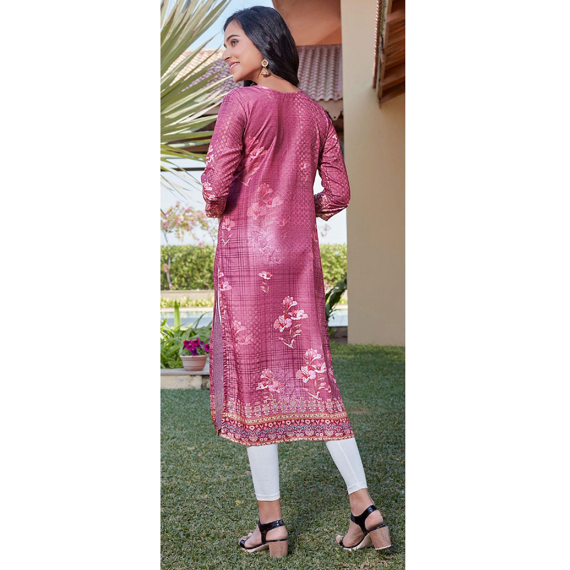 Pink Sequence Embroidered Cotton Silk Kurti - Peachmode