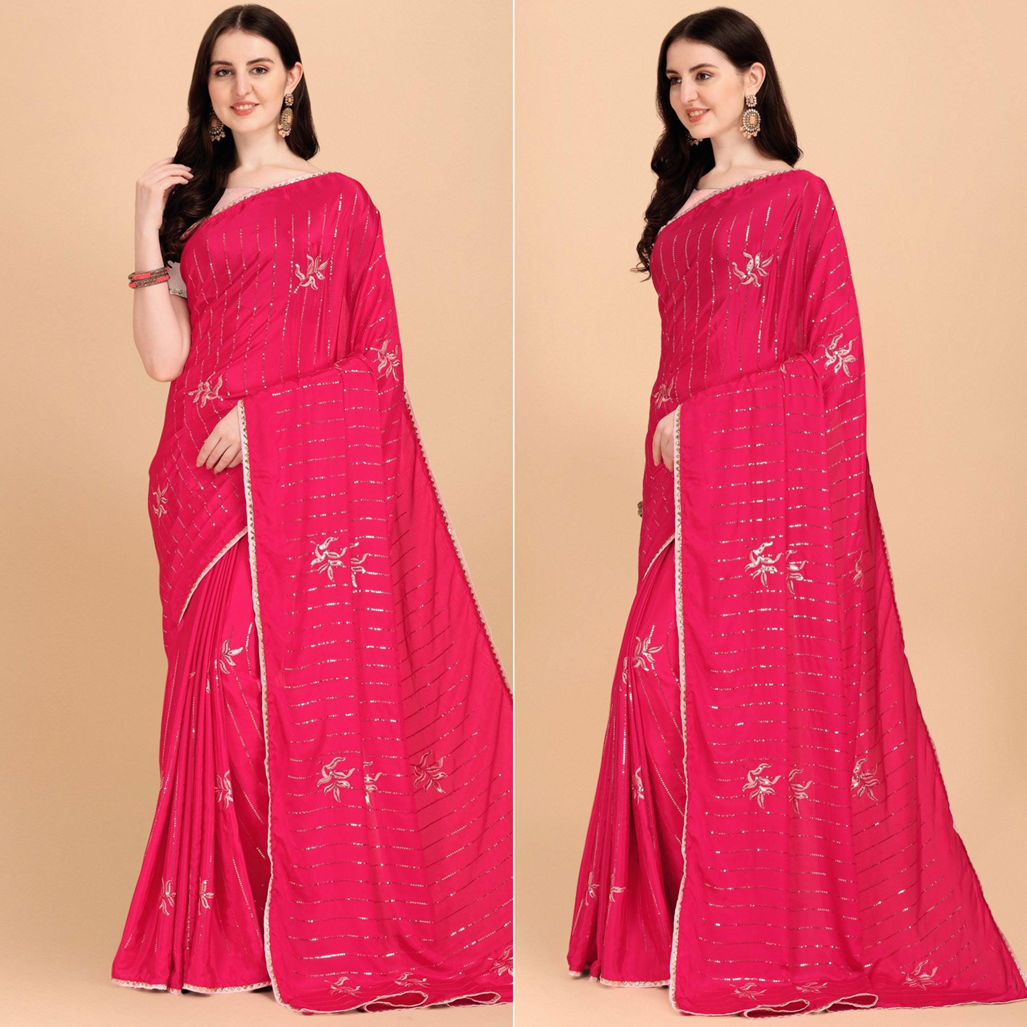 Pink Sequence Embroidered Crepe Saree - Peachmode