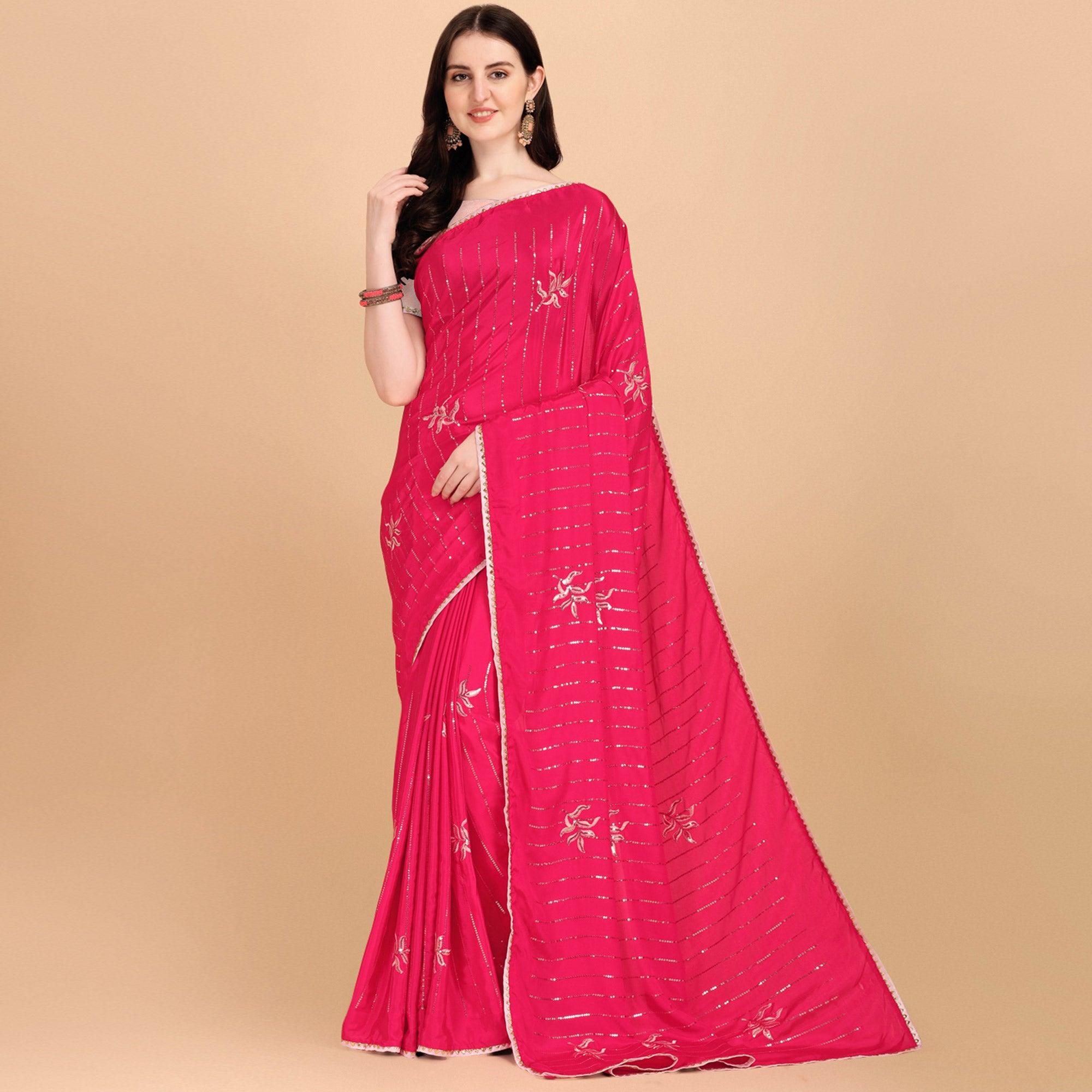 Pink Sequence Embroidered Crepe Saree - Peachmode