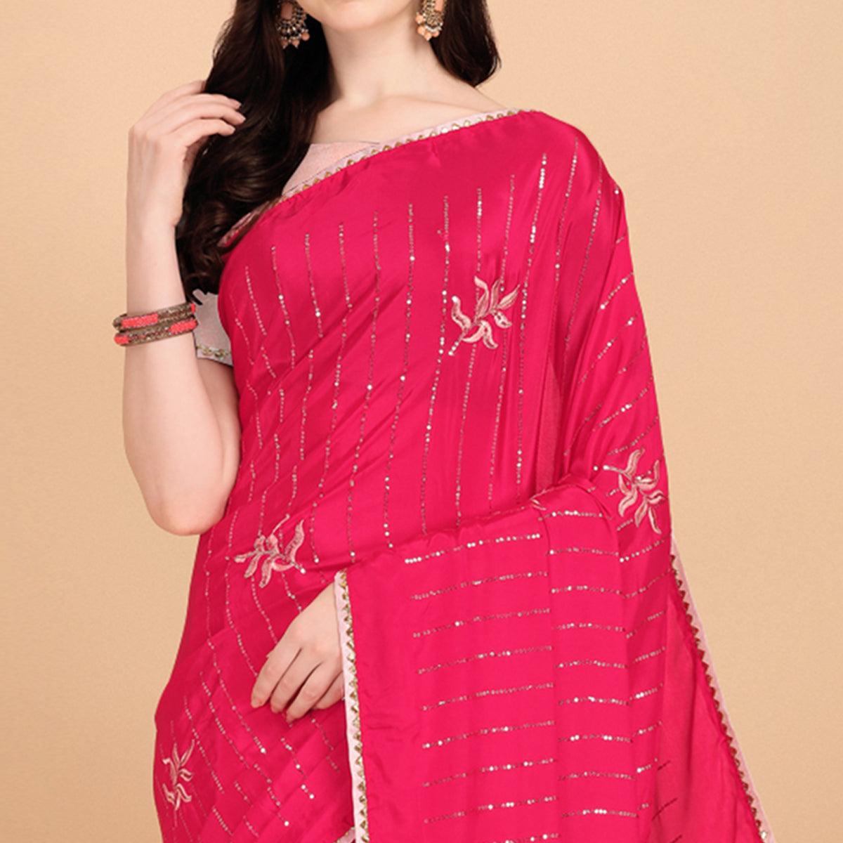 Pink Sequence Embroidered Crepe Saree - Peachmode