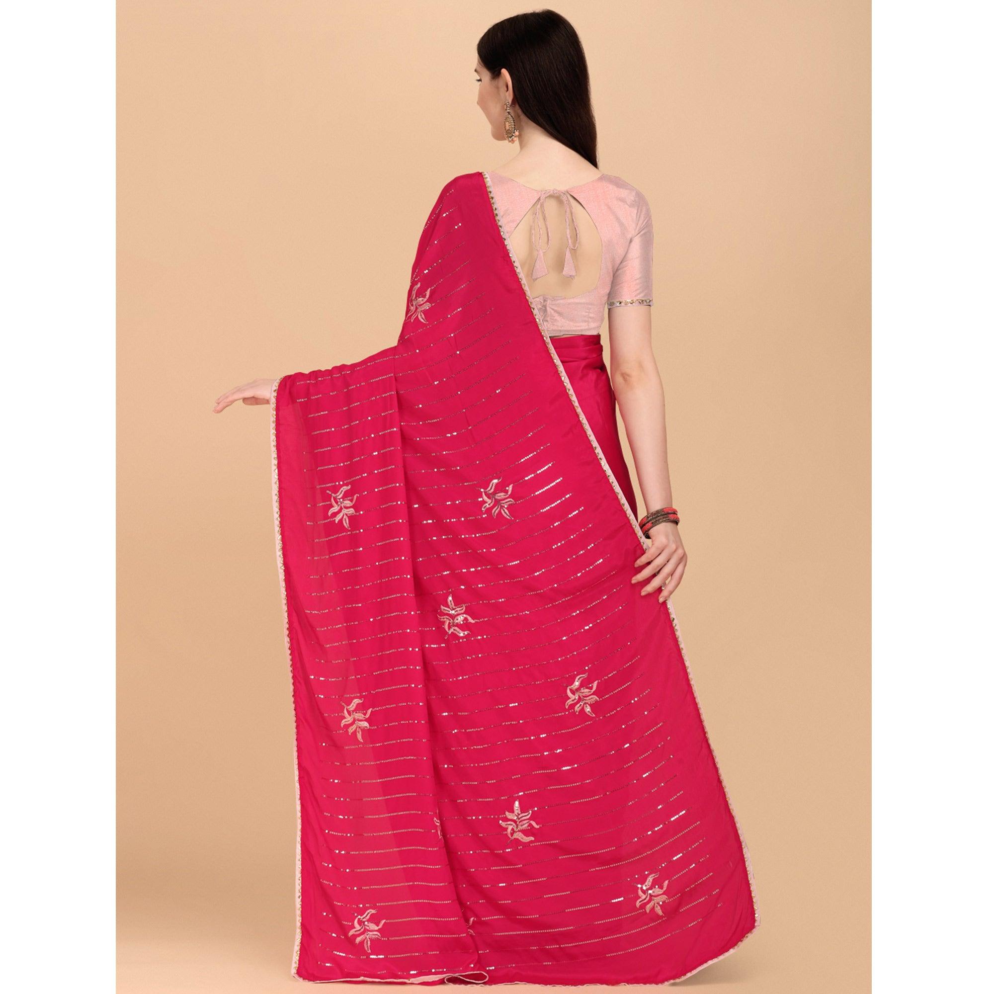 Pink Sequence Embroidered Crepe Saree - Peachmode