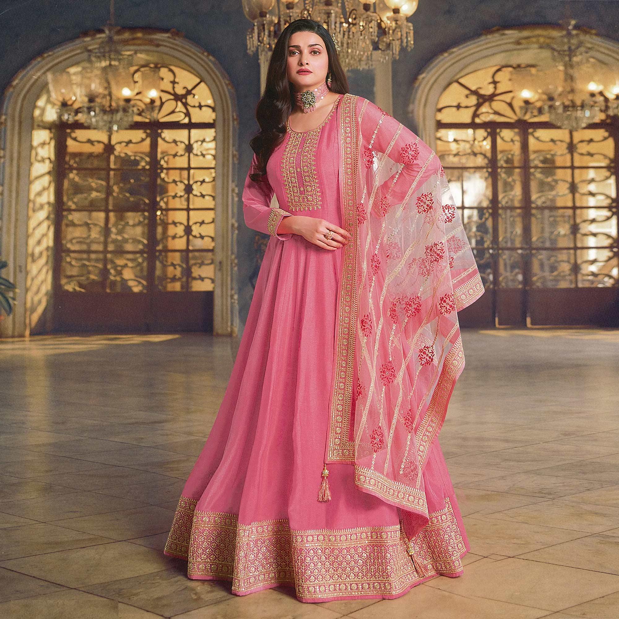 Pink Sequence Embroidered Dola Silk Anarkali Style Gown - Peachmode