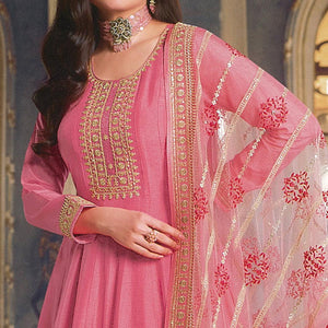 Pink Sequence Embroidered Dola Silk Anarkali Style Gown - Peachmode