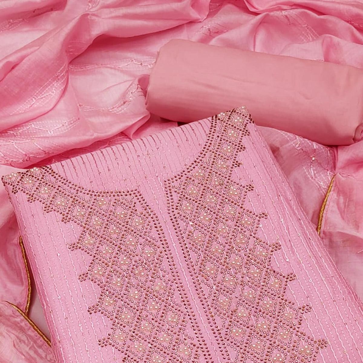 Pink Sequence Embroidered Dress Material - Peachmode