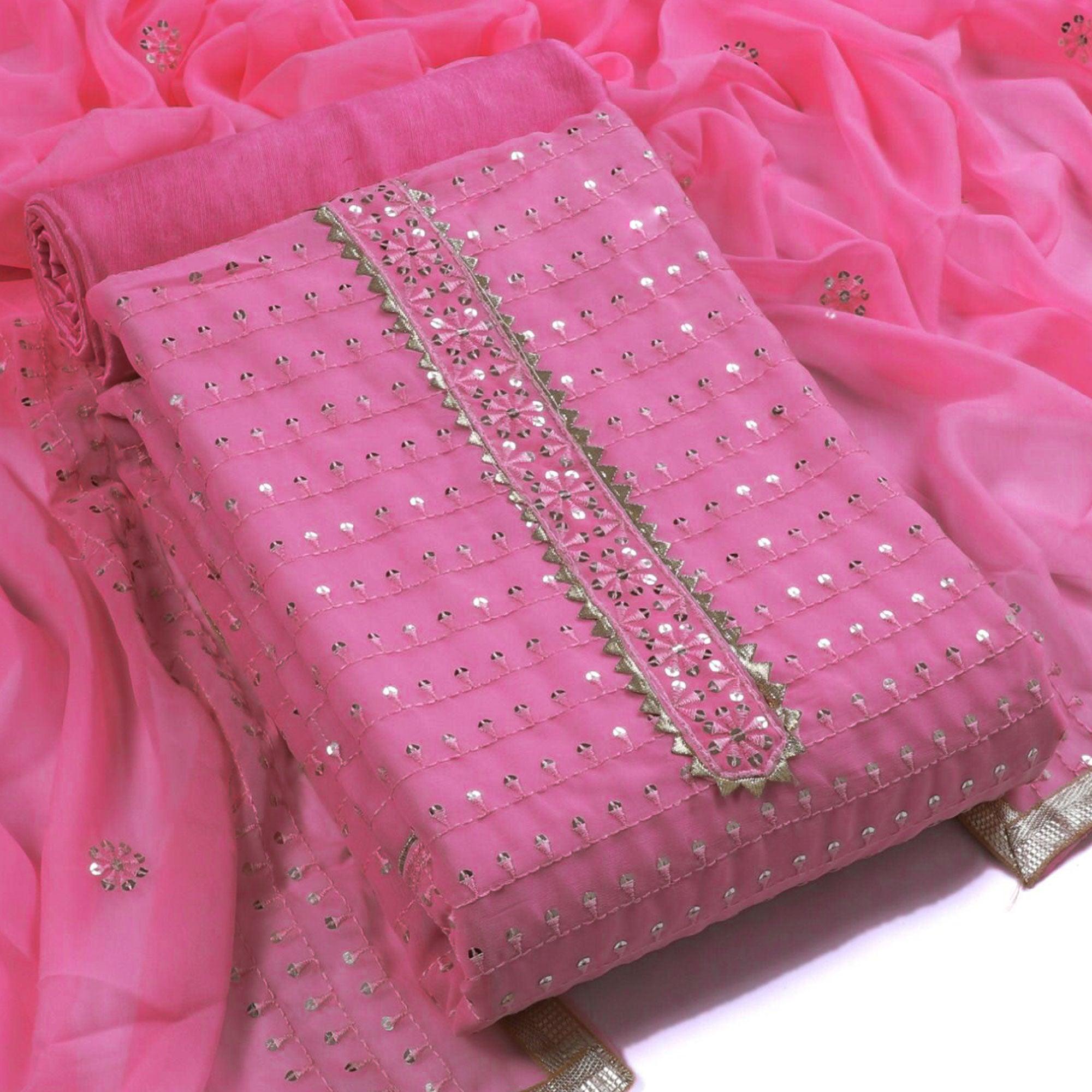 Pink Sequence Embroidered Georgette Dress Material - Peachmode