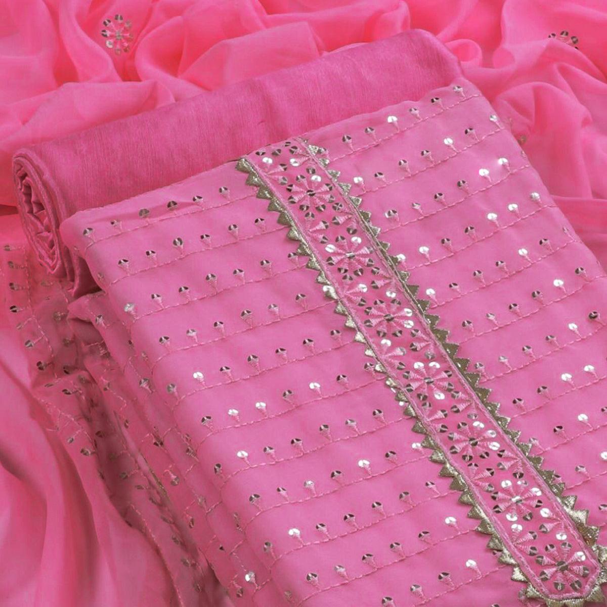 Pink Sequence Embroidered Georgette Dress Material - Peachmode