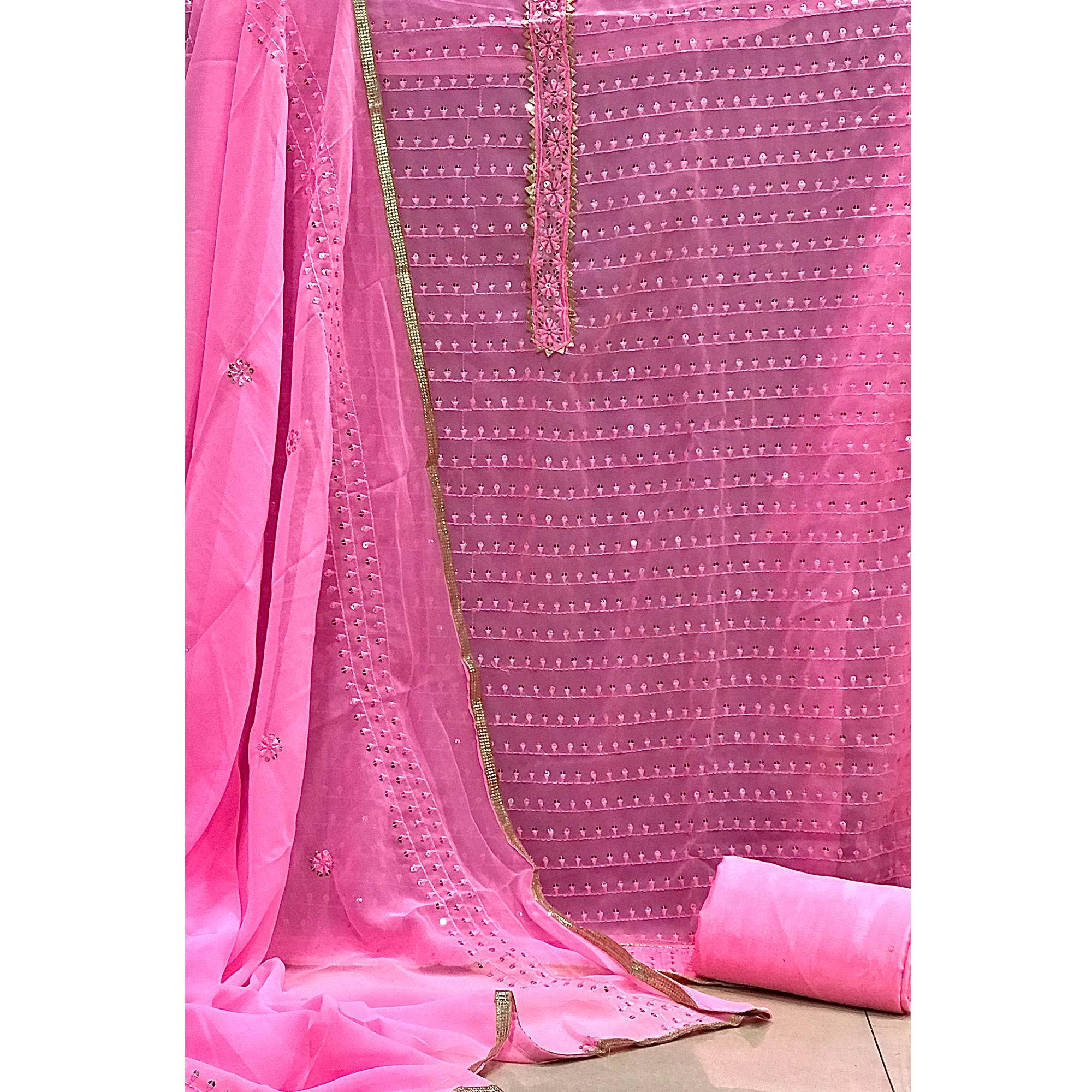 Pink Sequence Embroidered Georgette Dress Material - Peachmode