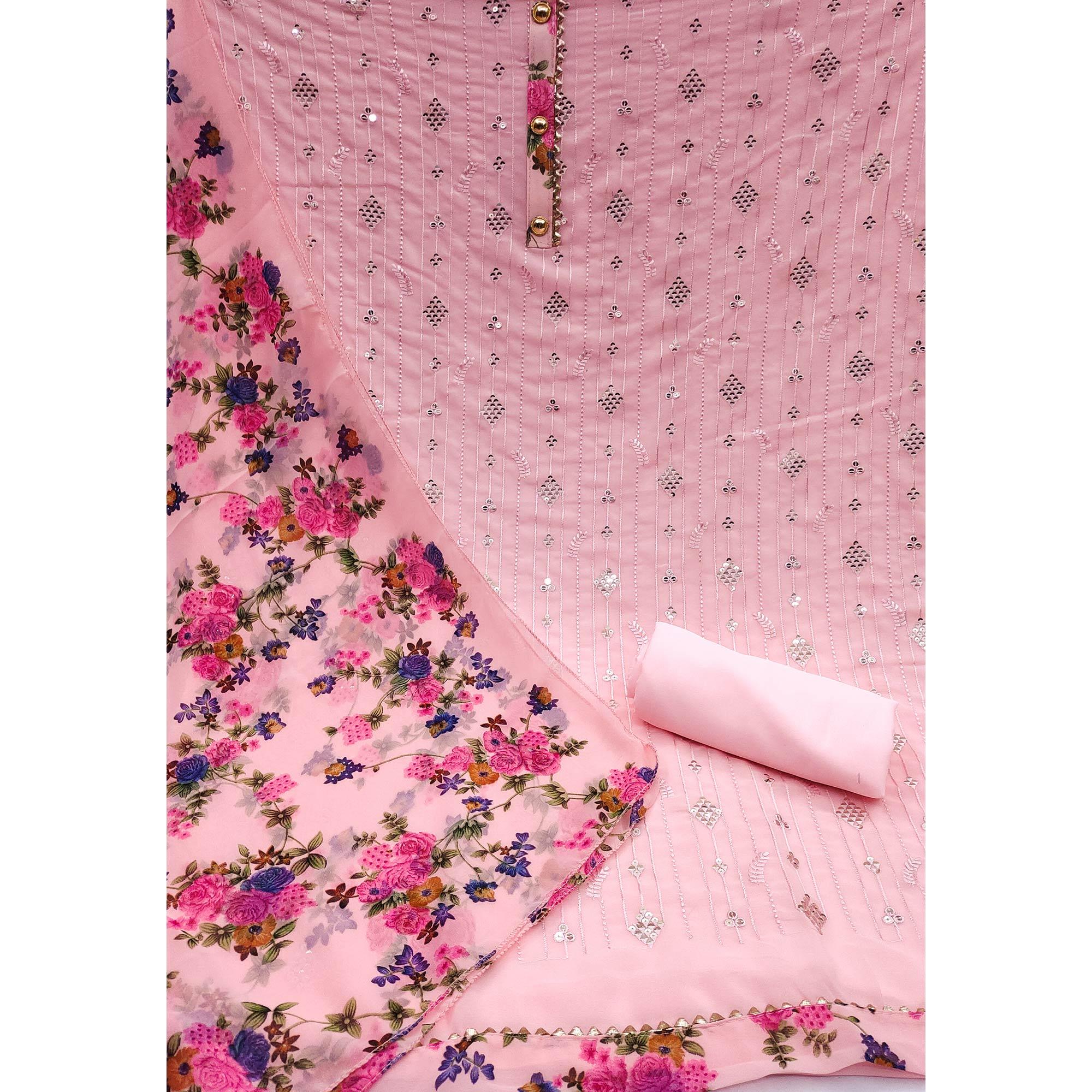 Pink Sequence Embroidered Georgette Dress Material - Peachmode