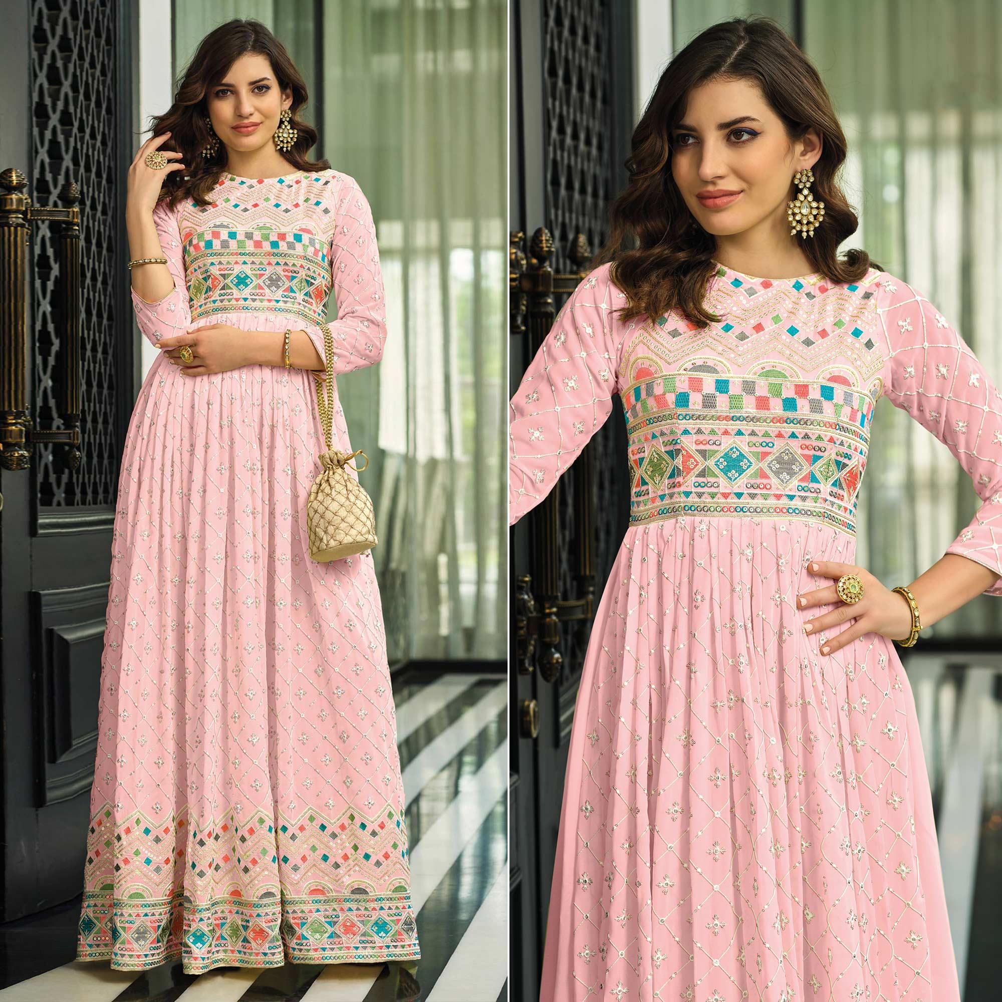 Pink Sequence Embroidered Georgette Gown - Peachmode
