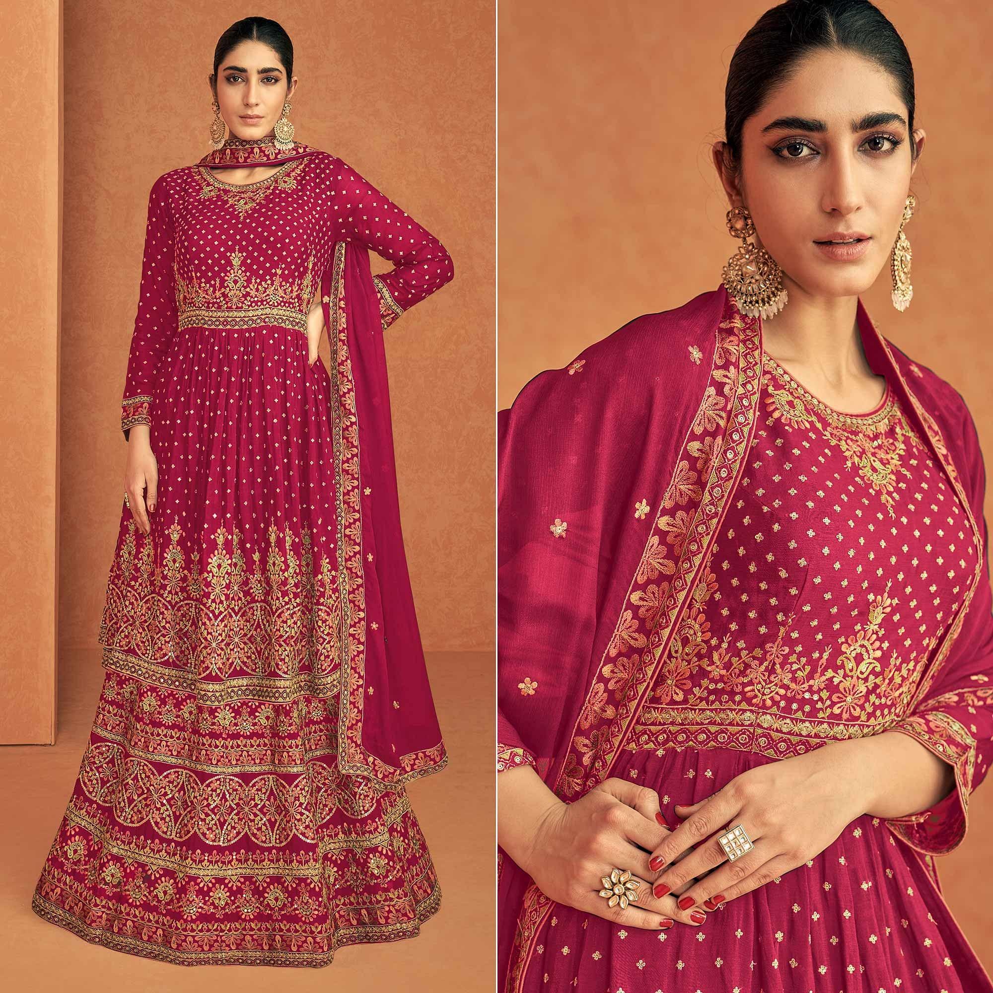 Pink Sequence Embroidered Georgette Lehenga With Top - Peachmode