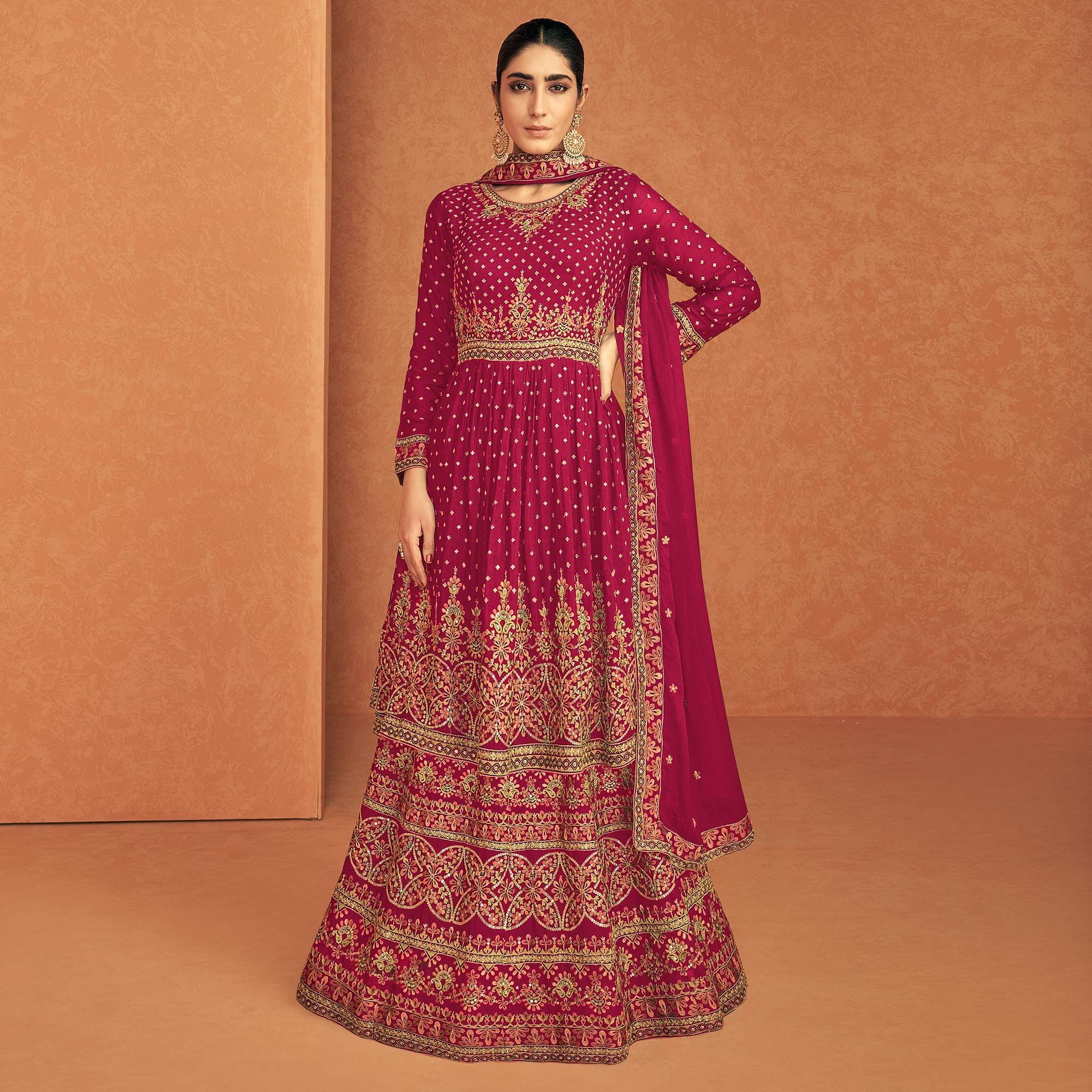 Pink Sequence Embroidered Georgette Lehenga With Top - Peachmode