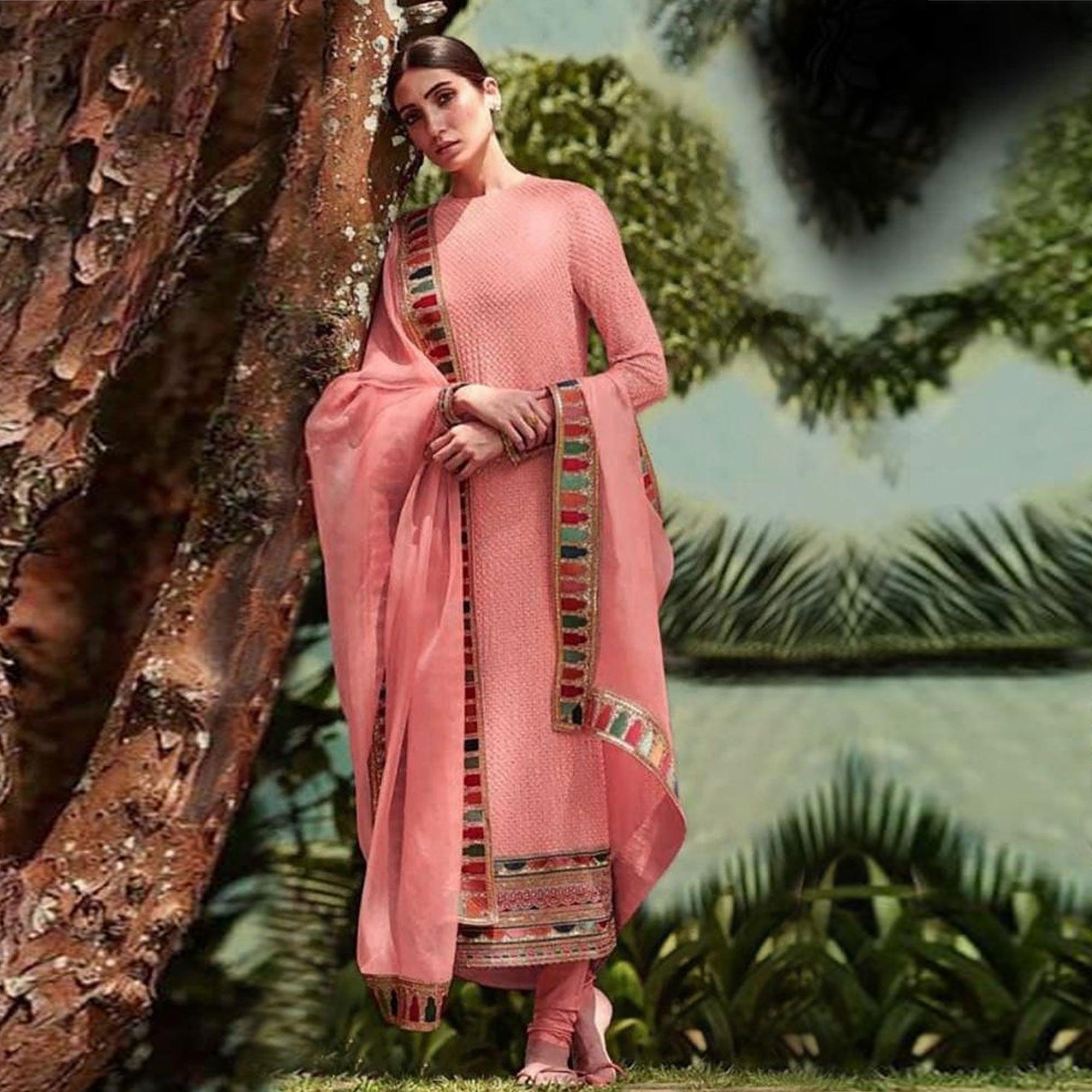 Pink Sequence Embroidered Georgette Salwar Suit - Peachmode