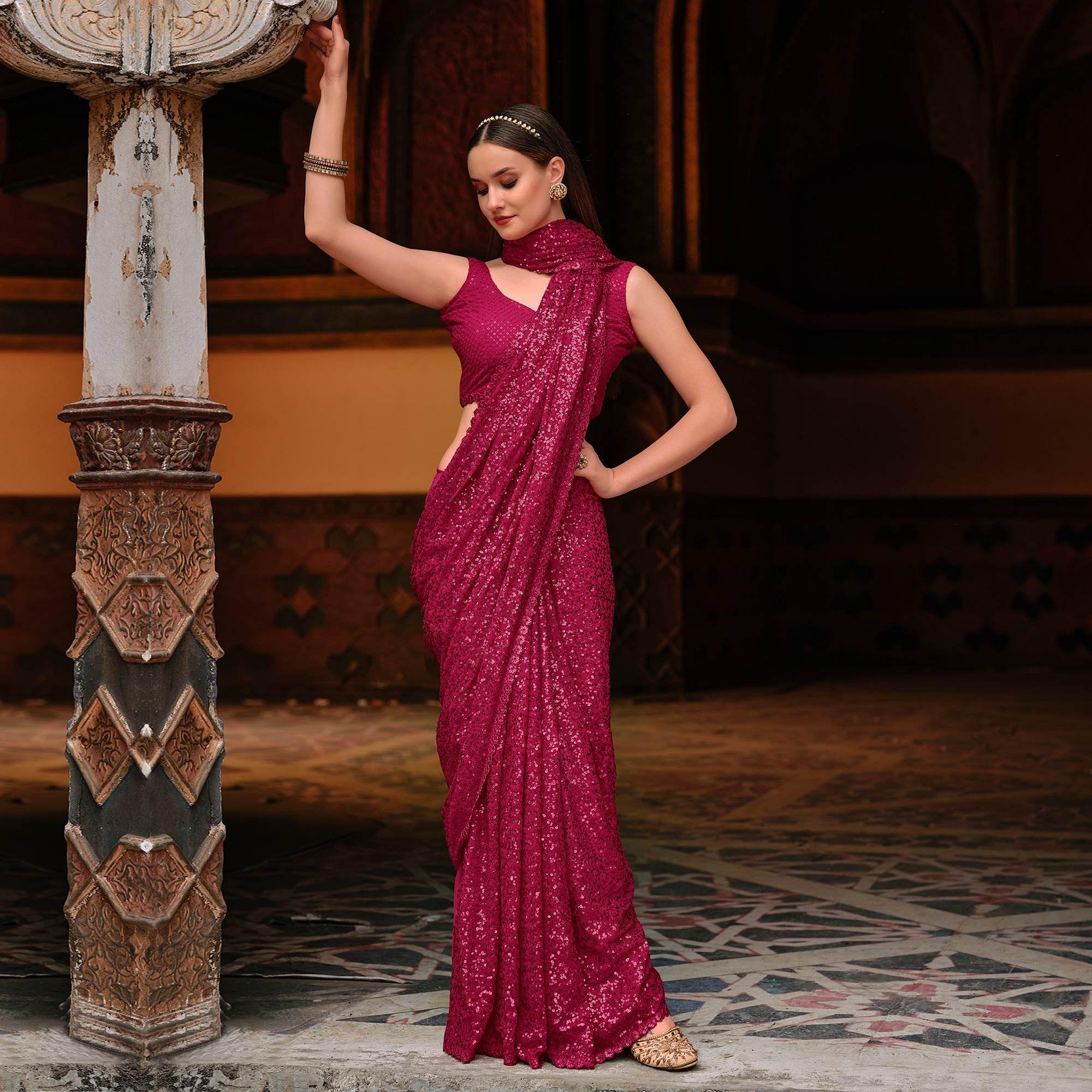 Pink Sequence Embroidered Georgette Saree - Peachmode