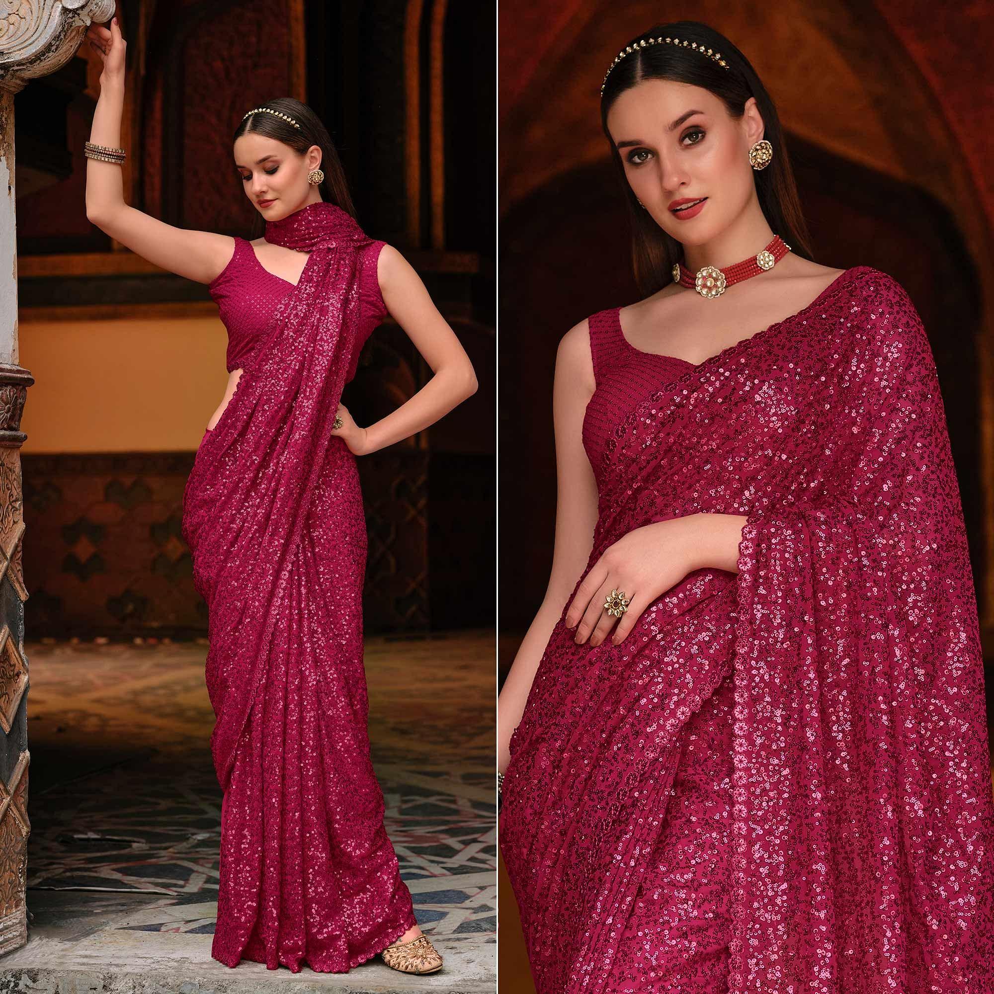 Pink Sequence Embroidered Georgette Saree - Peachmode