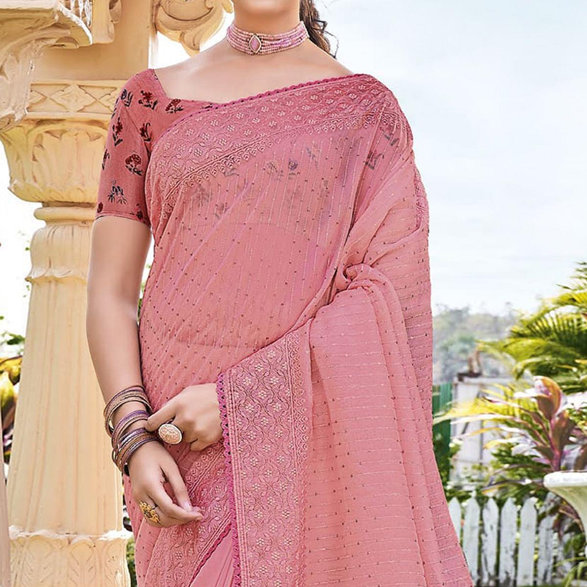 Pink Sequence Embroidered Georgette Saree - Peachmode