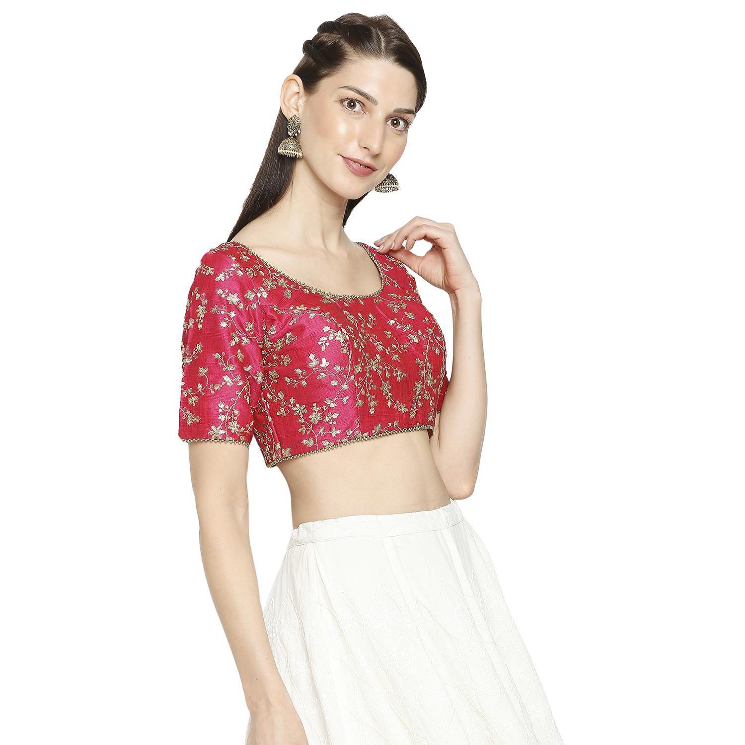Pink Sequence Embroidered Mulbury Silk Readymade Saree Blouse - Peachmode