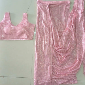 Pink Sequence Embroidered Netted Stitched Saree - Peachmode