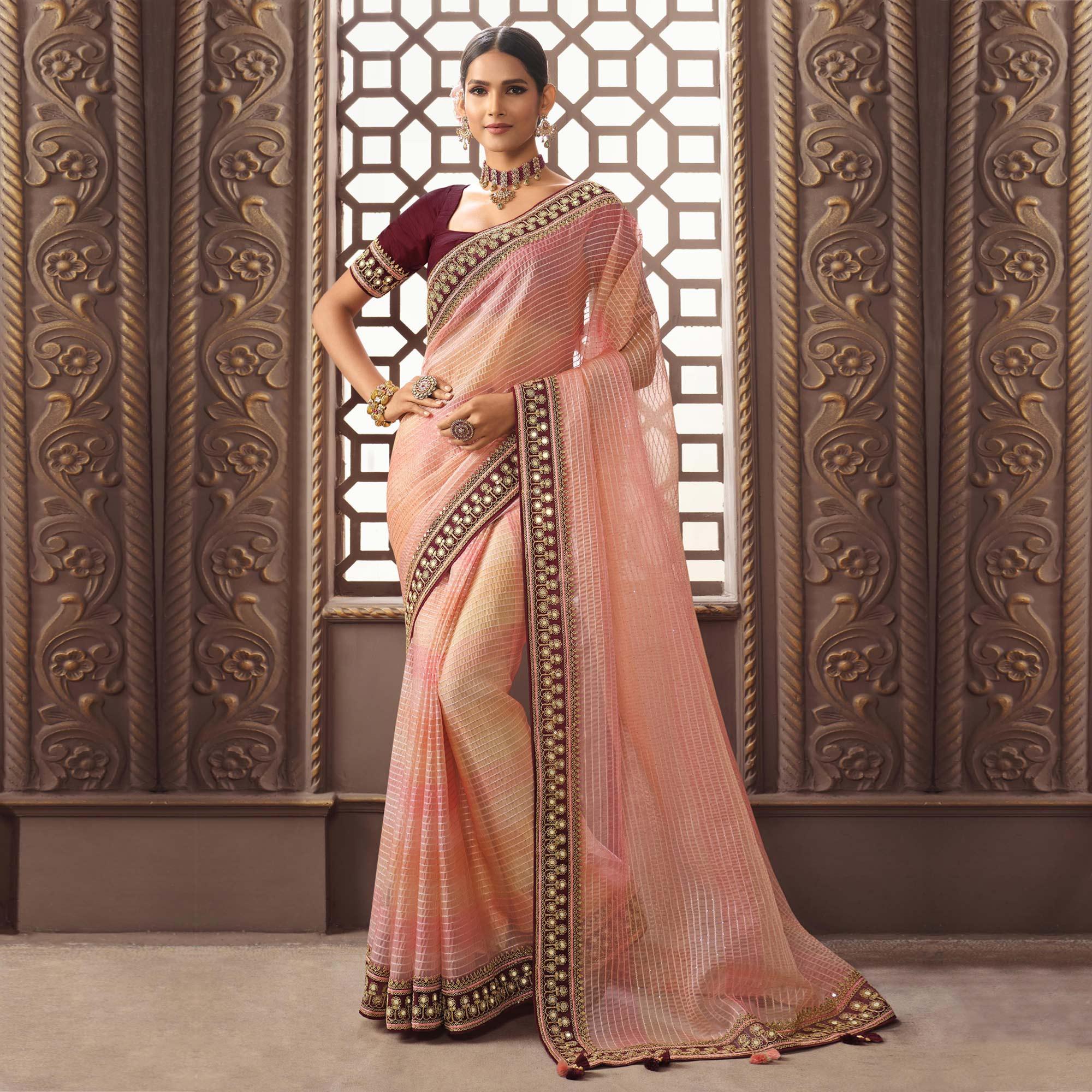 Pink Sequence Embroidered Organza Saree - Peachmode