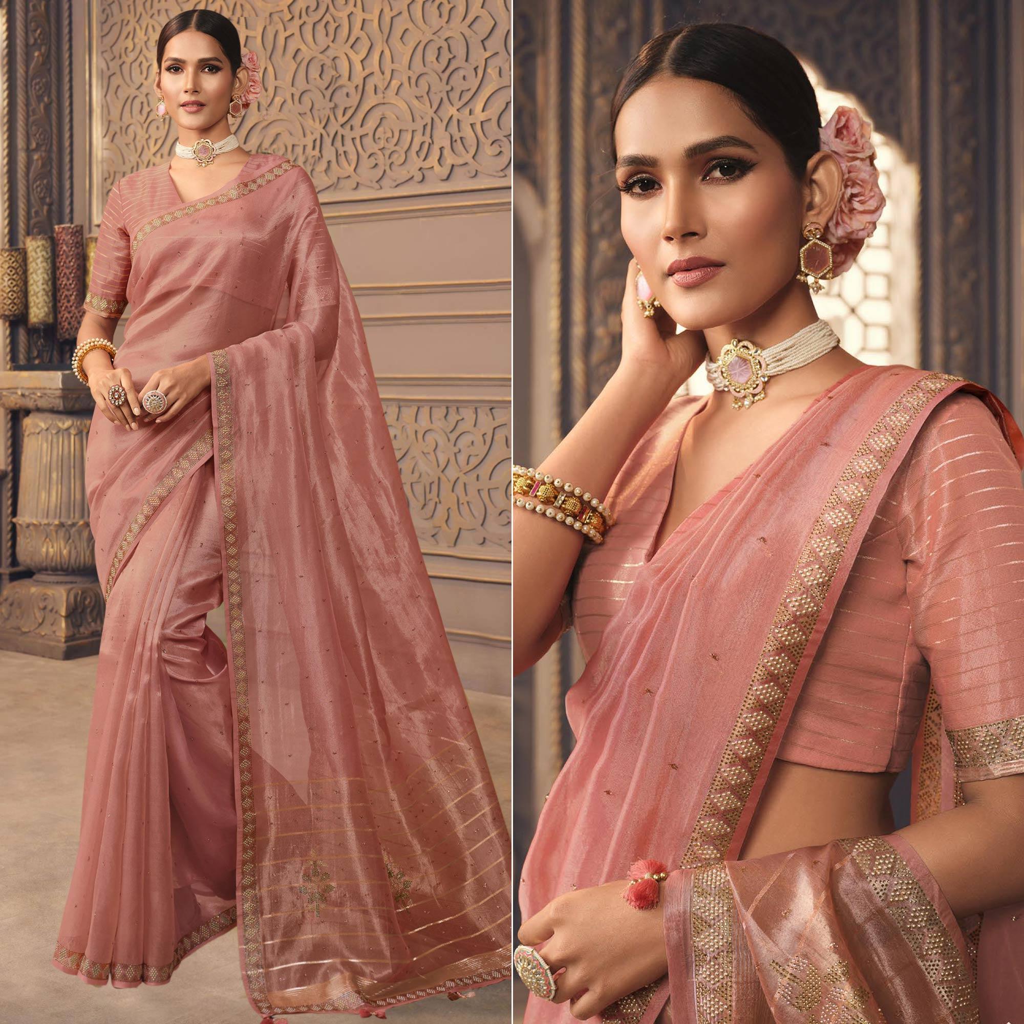 Pink Sequence Embroidered Organza Saree - Peachmode