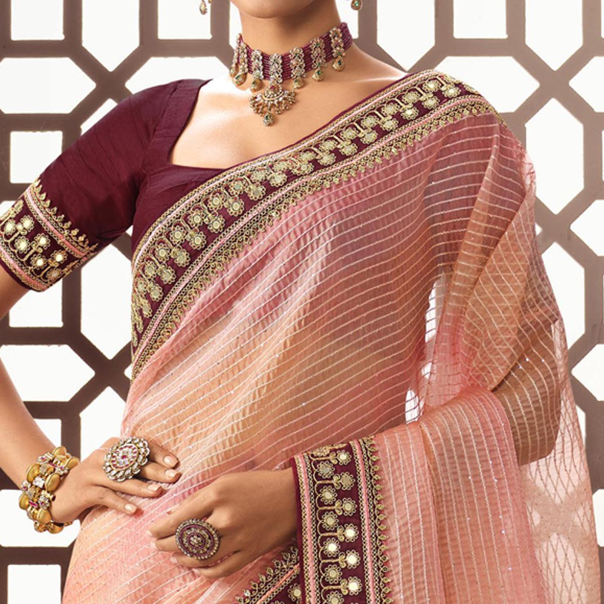 Pink Sequence Embroidered Organza Saree - Peachmode